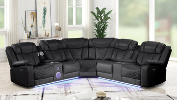 Challenger Modern Style Recliner Sectional Sofa, Built In Usb C Ports & Bluetooth, Made With Wood & Faux Leather In Black Black Faux Leather Wood Primary Living Space Cushion Back Contemporary,Modern U Shaped Solid Wood Mdf Faux Leather 7 Seat