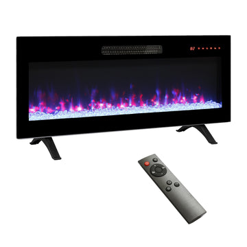 36 Inch Recessed Ultra Thin Tempered Glass Front Wall Mounted Electric Fireplace With Remote And Multi Color Flame & Emberbed, Led Light Heater Powder Coated Electric Antique Black Yes Tempered Glass Sheet Metal Plastic