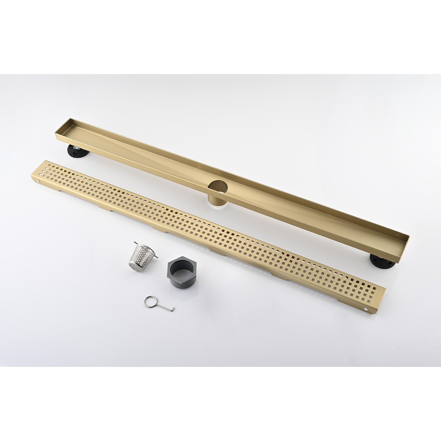 28 Inches Linear Shower Drain, Included Hair Strainer And Leveling Feet Brushed Gold Stainless Steel