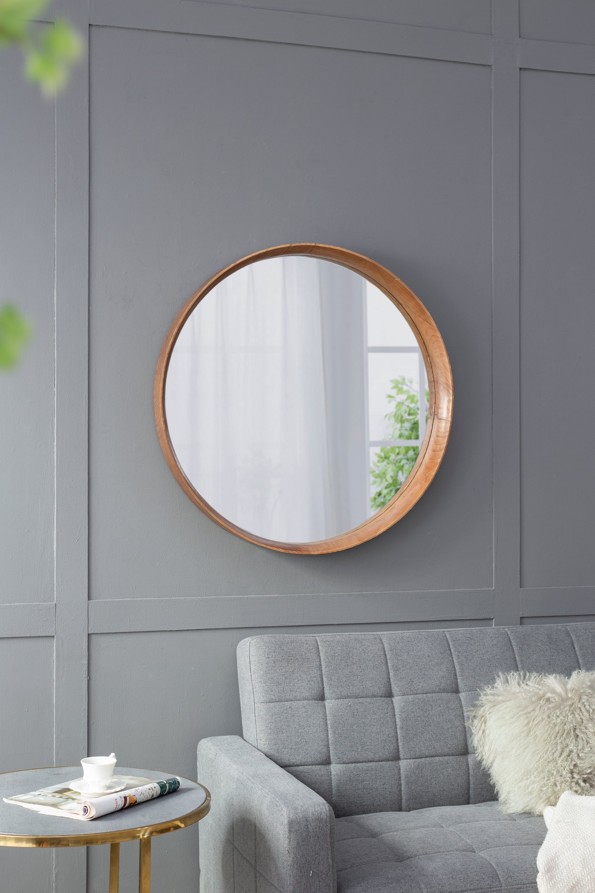 31.5" Round Pine Wood Mirror, Wall Mounted Mirror Home Decor For Bathroom Living Room Brown Pine