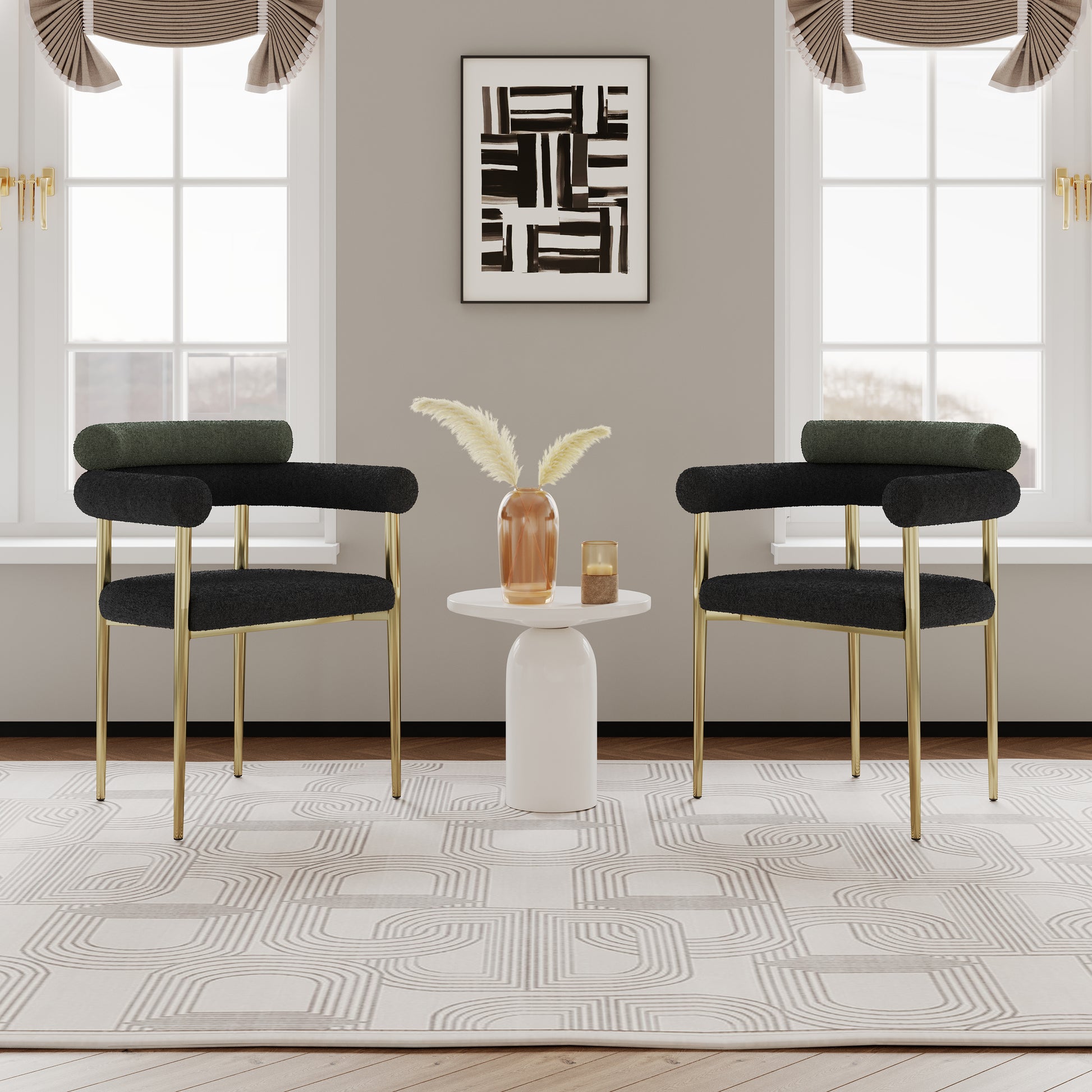 Woker Dining Chairs Set Of 2, Mid Century Modern Dining Chairs, Kitchen Dining Room Chairs, Round Boucle Backrest Sherpa Dining Chair With Brushed Bronze Metal Legs Iron Dark Green Black Dining Room Foam Round Dining Chairs Foam Metal