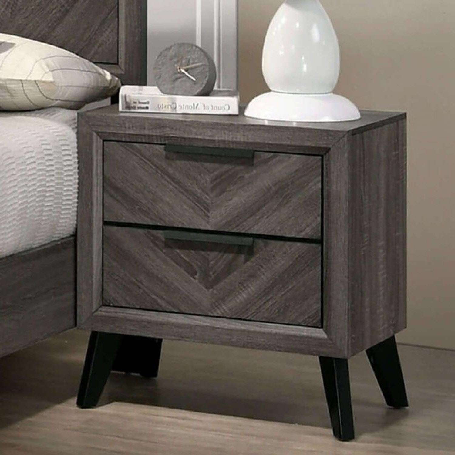 Contemporary Gray Color 1Pc Nightstand Bedroom Furniture Solid Wood Chevron Pattern 2 Drawers Bedside Table Replicated Wood Grain Gray Gray 2 Drawers Bedroom Bedside Cabinet Classic,Contemporary,Modern Rubberwood Drawers Solid Wood