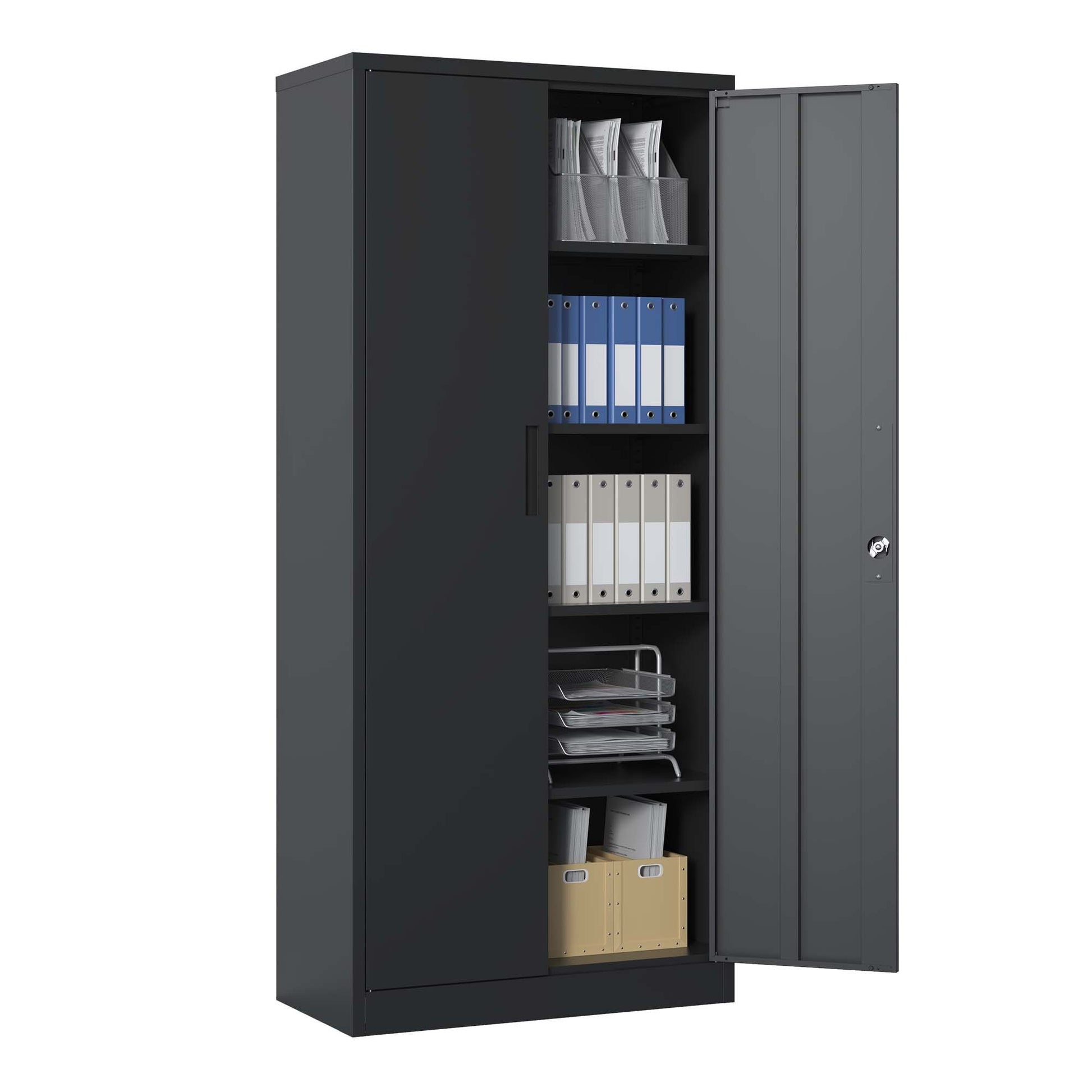 72"H Metal Garage Storage Cabinet, Black Tool Steel Locking Cabinet With Doors And 4 Shelves, Tall Cabinets For Garage Storage Systems Lockable File Cabinet For Home Office, Classroom Pantry Filing Cabinets 3 4 Shelves Black Office Adjustable Shelves