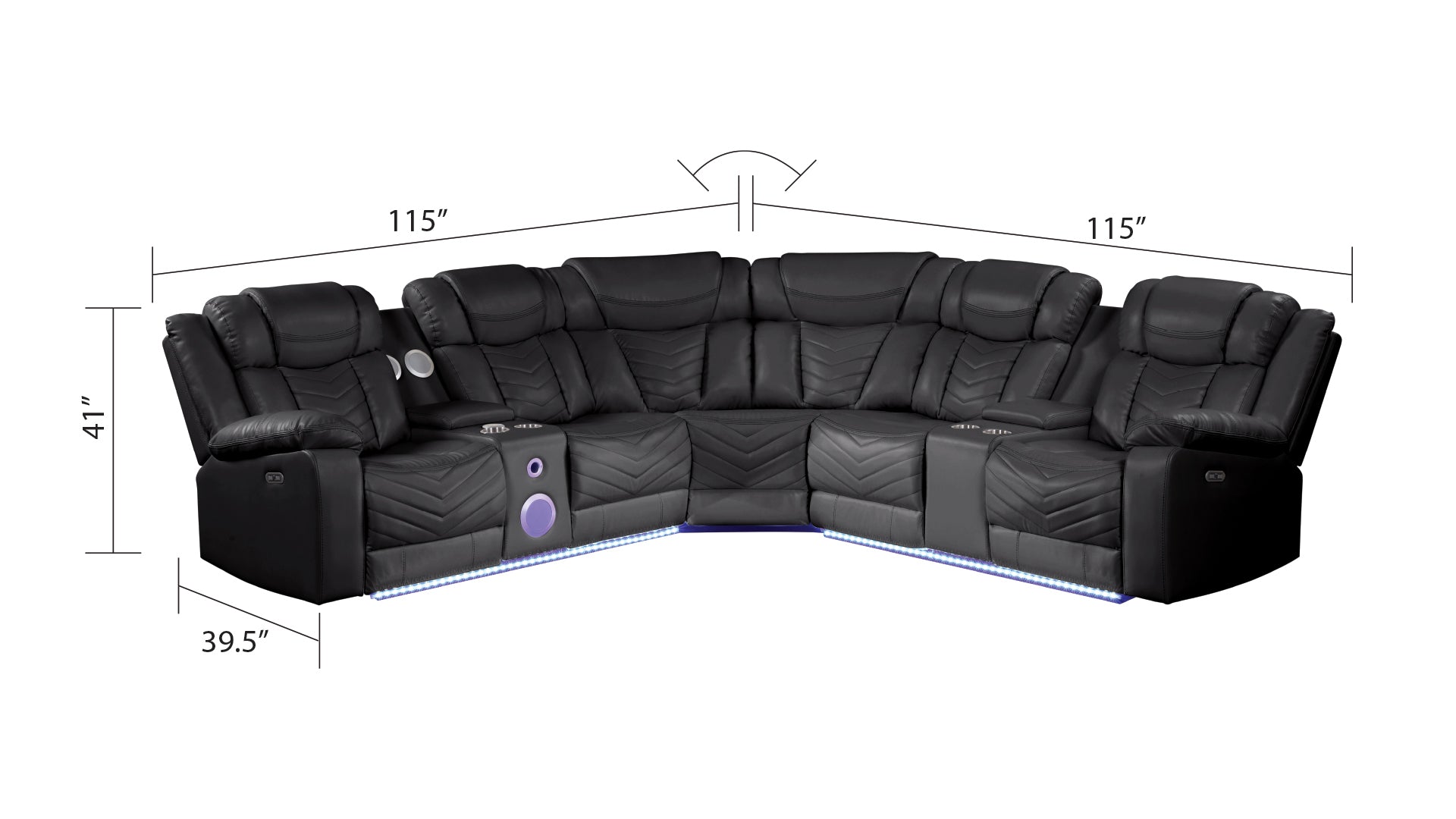 Challenger Modern Style Recliner Sectional Sofa, Built In Usb C Ports & Bluetooth, Made With Wood & Faux Leather In Black Black Faux Leather Wood Primary Living Space Cushion Back Contemporary,Modern U Shaped Solid Wood Mdf Faux Leather 7 Seat