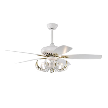 52" Crystal Ceiling Fan With 5 Reversible Blades Light Kit And Remote Control, 3 Speed Matte White Matte White American Traditional,Classic,Contemporary Crystal Metal