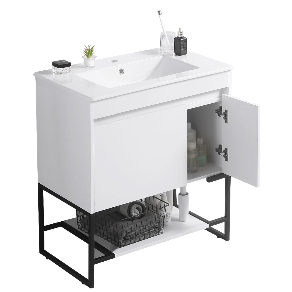 30" Bathroom Vanity With Sink,Bathroom Vanity Cabinet With One Soft Close Cabinet Doors & Soft Close Drawers,Bathroom Storage Cabinet With A Lower Open Shelf,With Metal Legs,White Ceramic Sink,White White Solid Wood