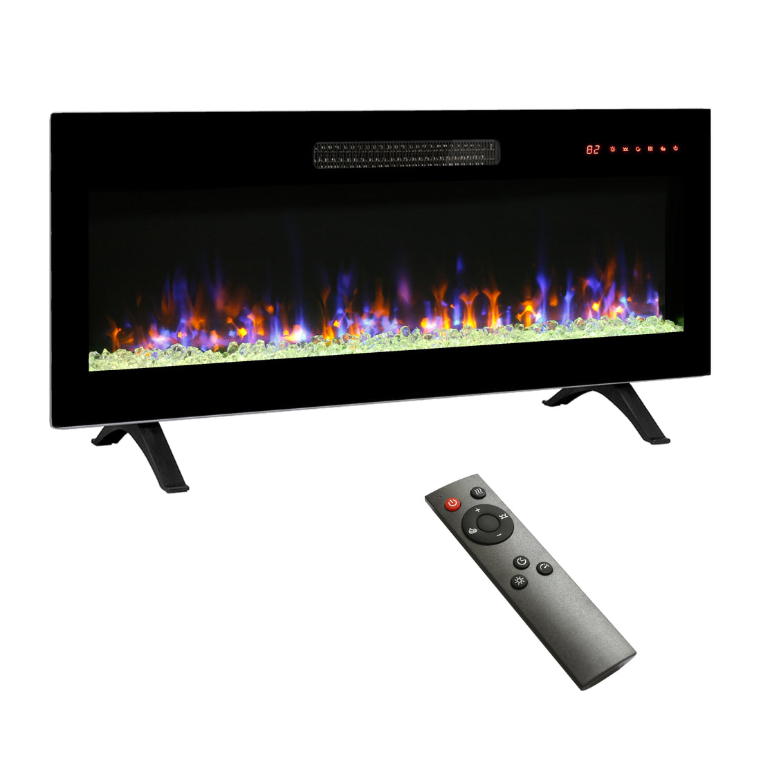 42 Inch Recessed Ultra Thin Tempered Glass Front Wall Mounted Electric Fireplace With Remote And Multi Color Flame & Emberbed, Led Light Heater Powder Coated Electric Antique Black Vent Free Yes Tempered Glass Sheet Metal Plastic