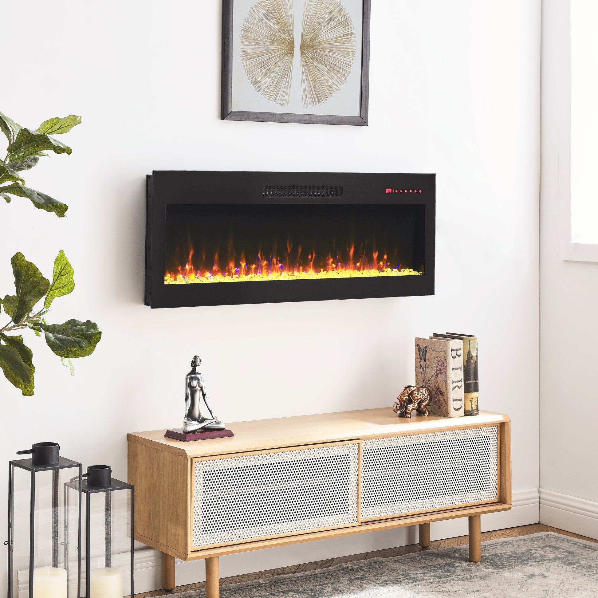 42 Inch Recessed Ultra Thin Tempered Glass Front Wall Mounted Electric Fireplace With Remote And Multi Color Flame & Emberbed, Led Light Heater Powder Coated Electric Antique Black Vent Free Yes Tempered Glass Sheet Metal Plastic