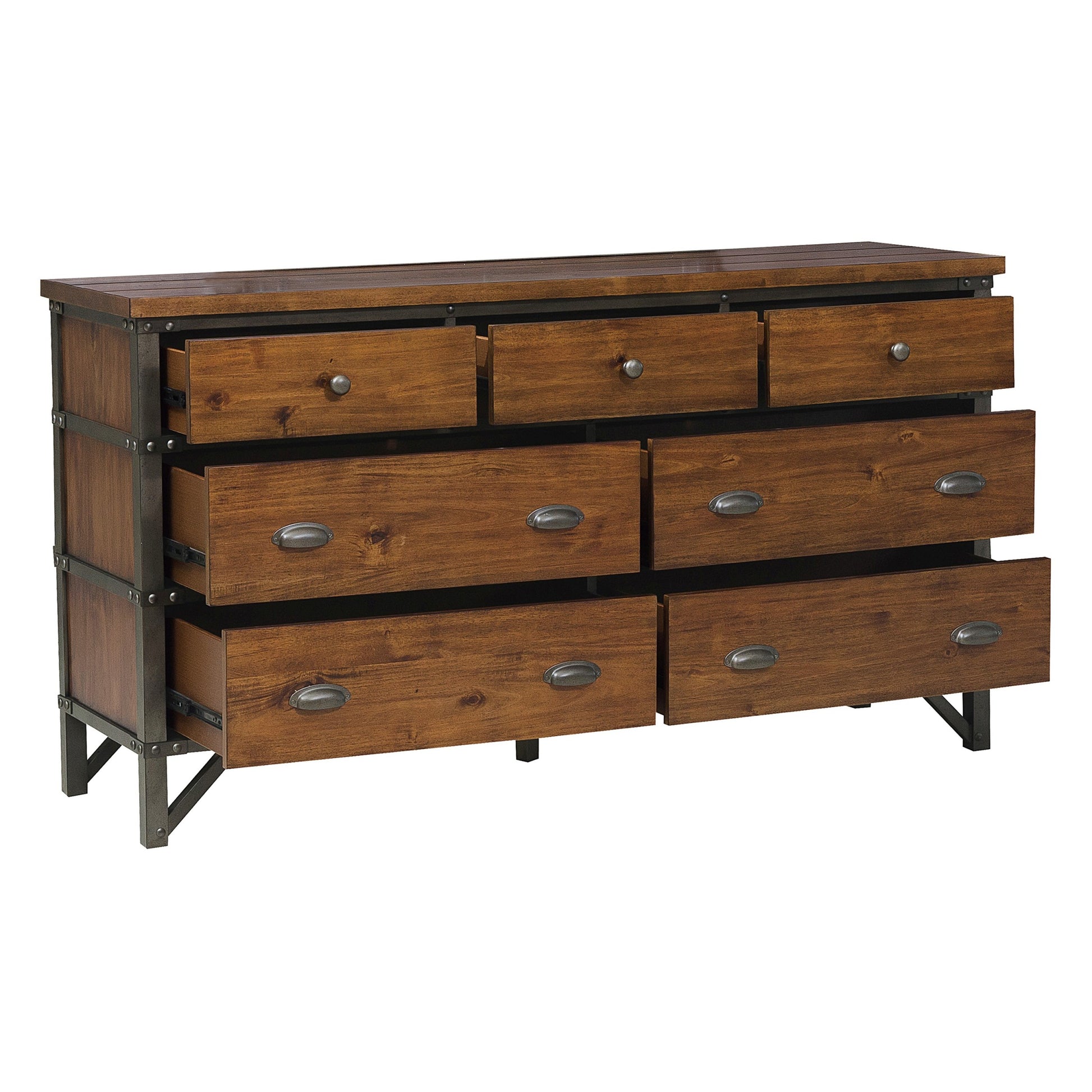 Industrial Design Bedroom Furniture 1Pc Dresser Of 7 Drawers Rustic Brown And Gunmetal Finish Wooden Furniture Rustic Brown Bedroom Industrial Wood