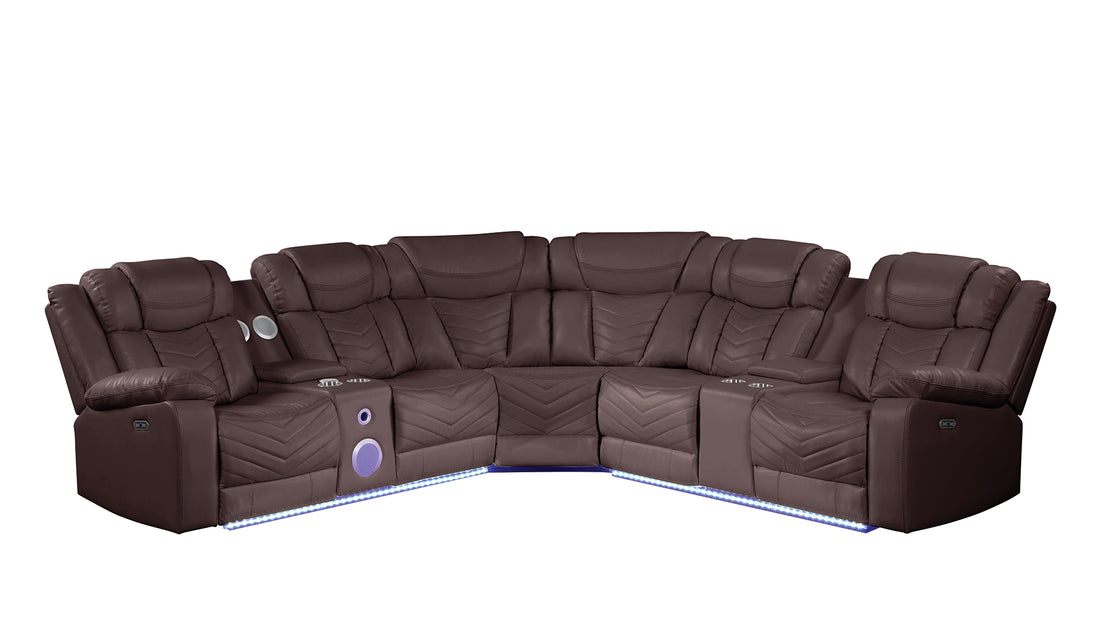 Challenger Modern Style Recliner Sectional Sofa, Built In Usb C Ports & Bluetooth, Made With Wood & Faux Leather In Brown Brown Faux Leather Wood Primary Living Space Contemporary,Modern Solid Wood Mdf Faux Leather 6 Seat