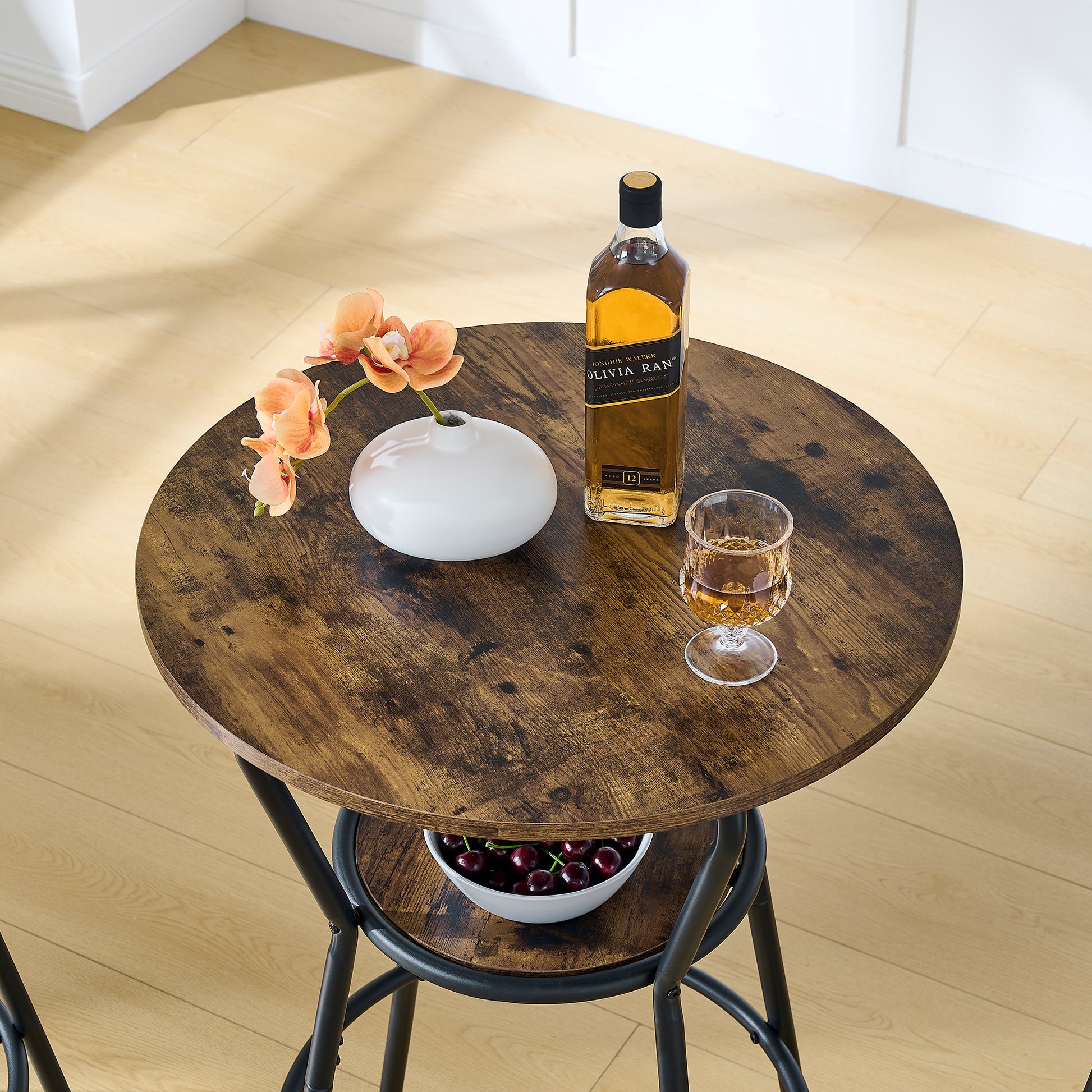 Round Bar Table And Stool Set With Shelf, Upholstered Stool With Backrest, Rustic Brown, 24.17"W X 24.17"D X 36.02"H Upholstered Chair Wood Antique Brown Seats 2 Metal Dining Room Antique 4 Leg Round Dining Table With Chair Metal & Wood