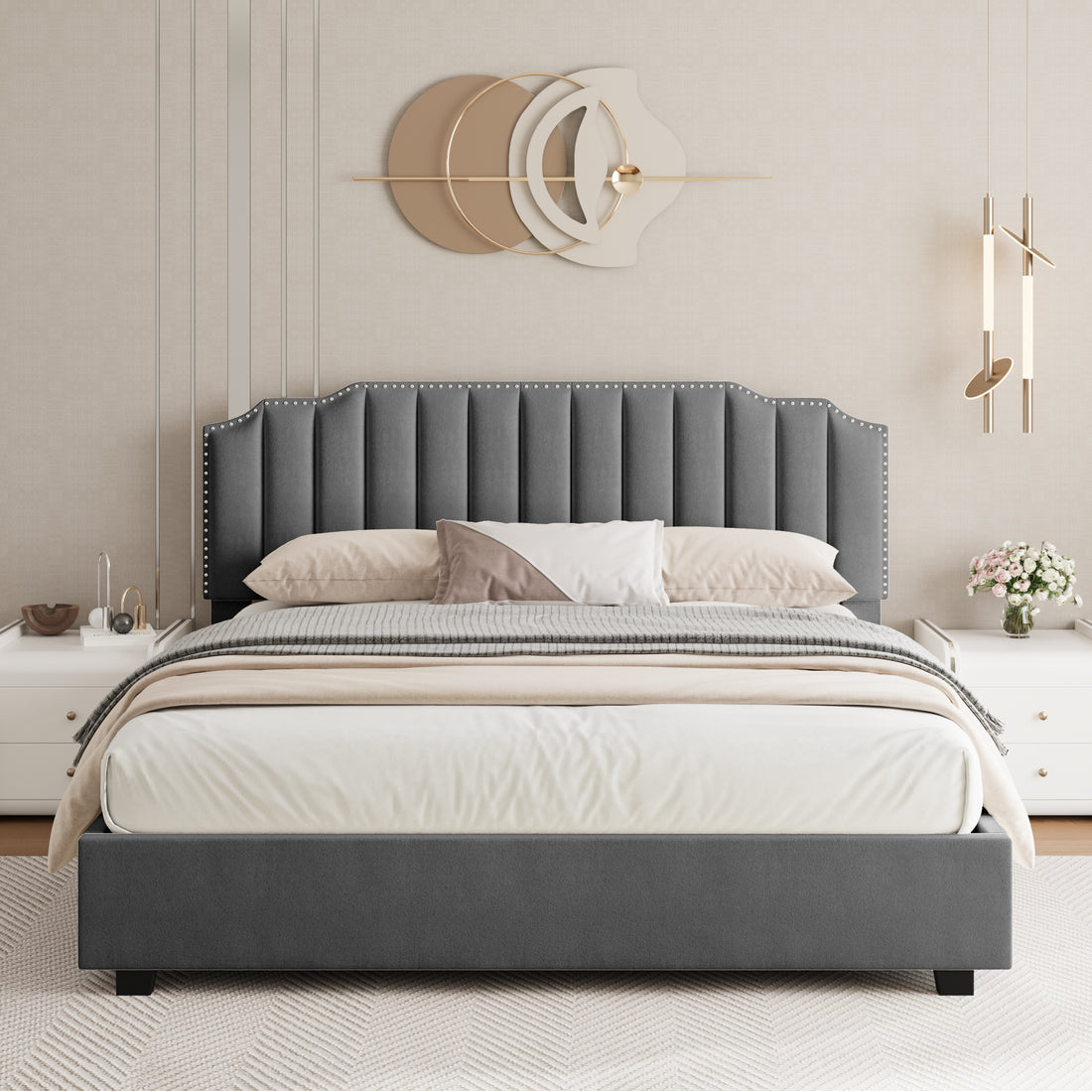 Lift Up Double Size Bed Gray Velvet Box Spring Not Required Full Gray Wood Light Brown Bedroom American Design Poplar Slat Beds Metal & Wood Velvet Upholstered
