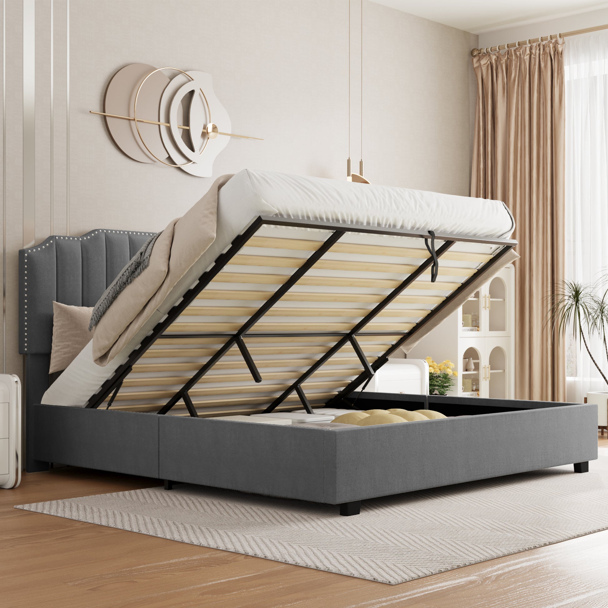 Lift Up Double Size Bed Gray Velvet Box Spring Not Required Full Gray Wood Light Brown Bedroom American Design Poplar Slat Beds Metal & Wood Velvet Upholstered