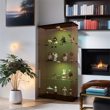 Lighted Two Door Glass Cabinet Glass Display Cabinet With 4 Shelves, Brown Black Brown Glass