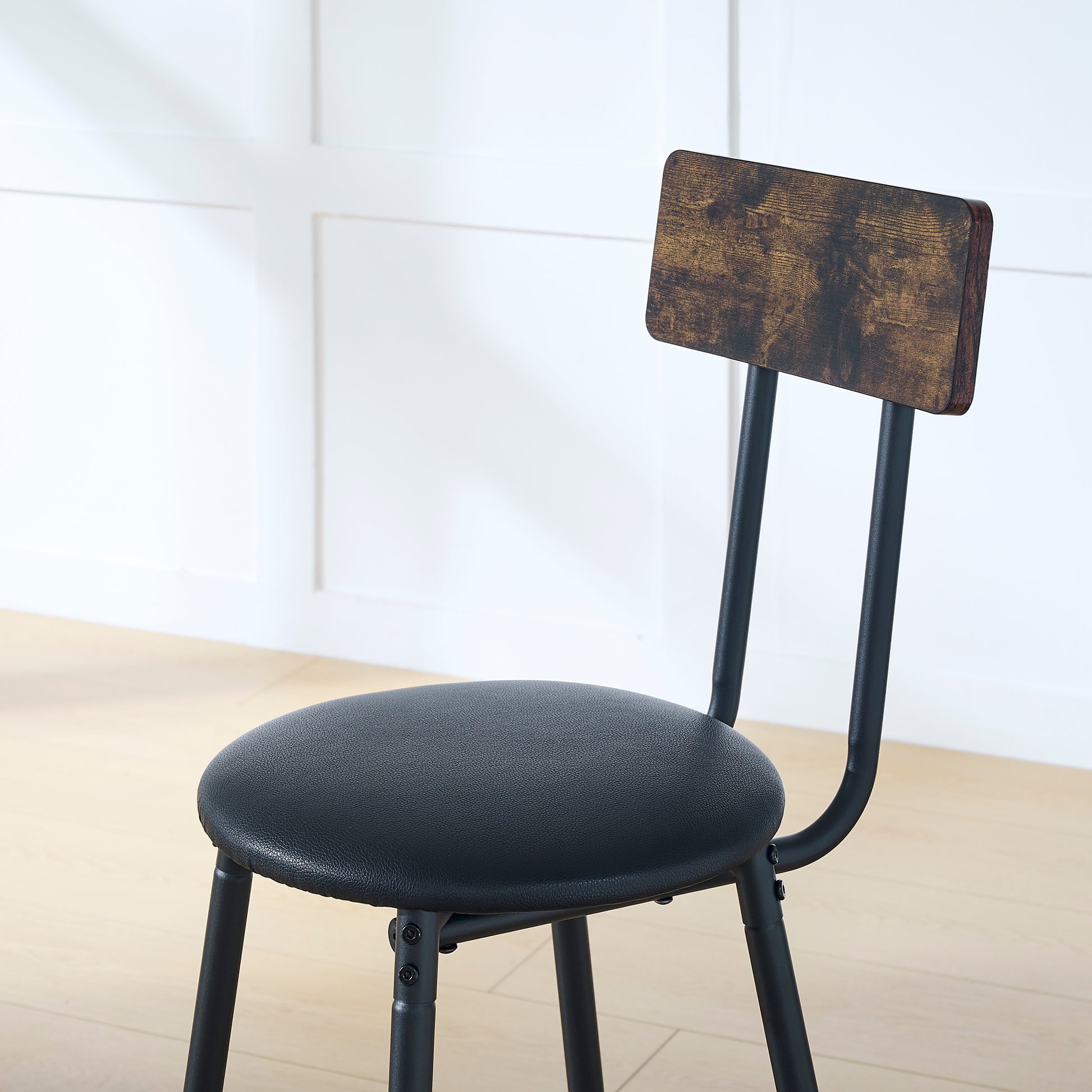 Round Bar Table And Stool Set With Shelf, Upholstered Stool With Backrest, Rustic Brown, 24.17"W X 24.17"D X 36.02"H Upholstered Chair Wood Antique Brown Seats 2 Metal Dining Room Antique 4 Leg Round Dining Table With Chair Metal & Wood
