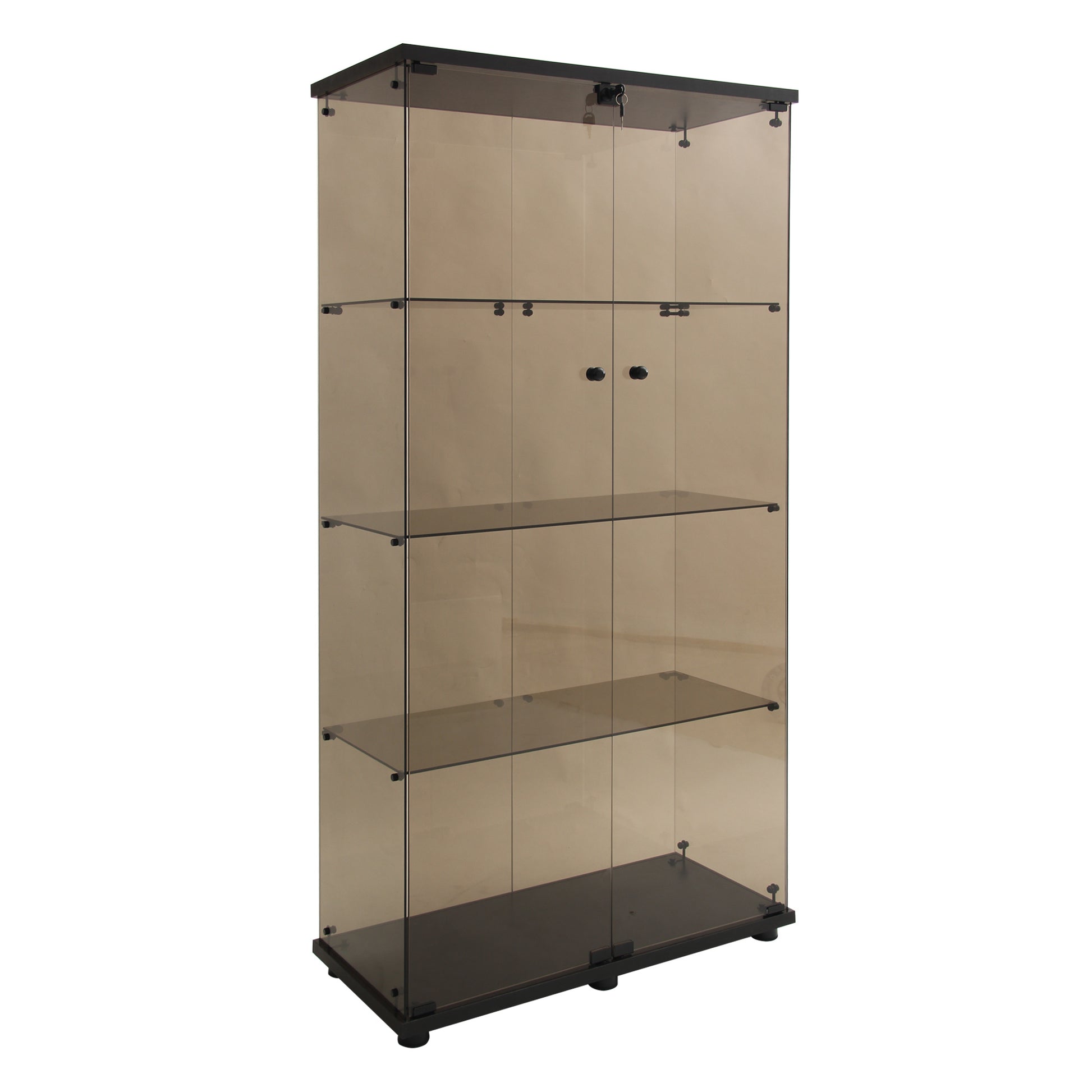 Lighted Two Door Glass Cabinet Glass Display Cabinet With 4 Shelves, Brown Black Brown Glass