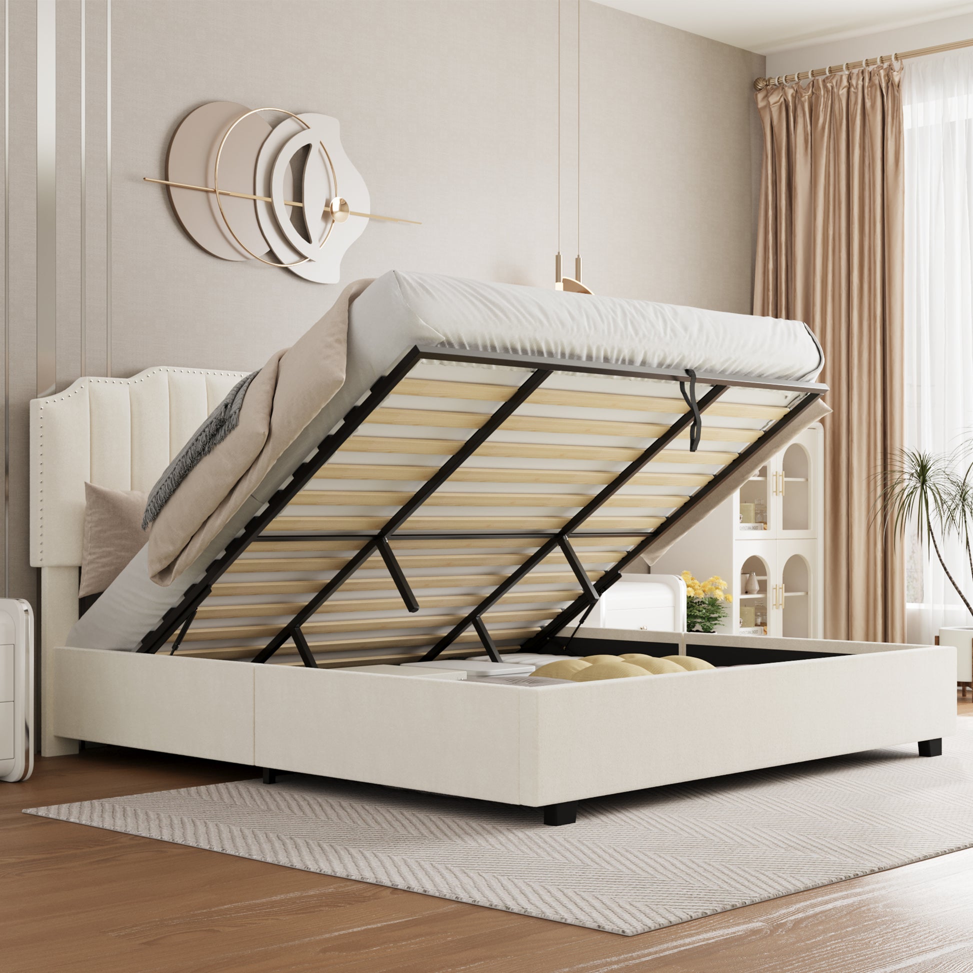 Lift Up Velvet Beige Queen Size Bed Box Spring Not Required Queen Beige Wood Light Brown Bedroom American Design Poplar Slat Beds Foam Velvet Upholstered