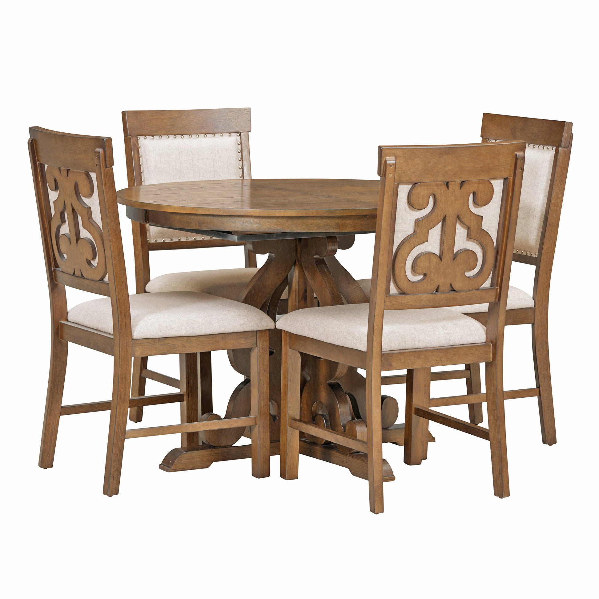 5 Piece Retro Functional Dining Set, 1 Extendable Table With A 16 Inch Leaf And 4 Upholstered Chairs For Dining Room And Kitchen Walnut Walnut Solid Wood