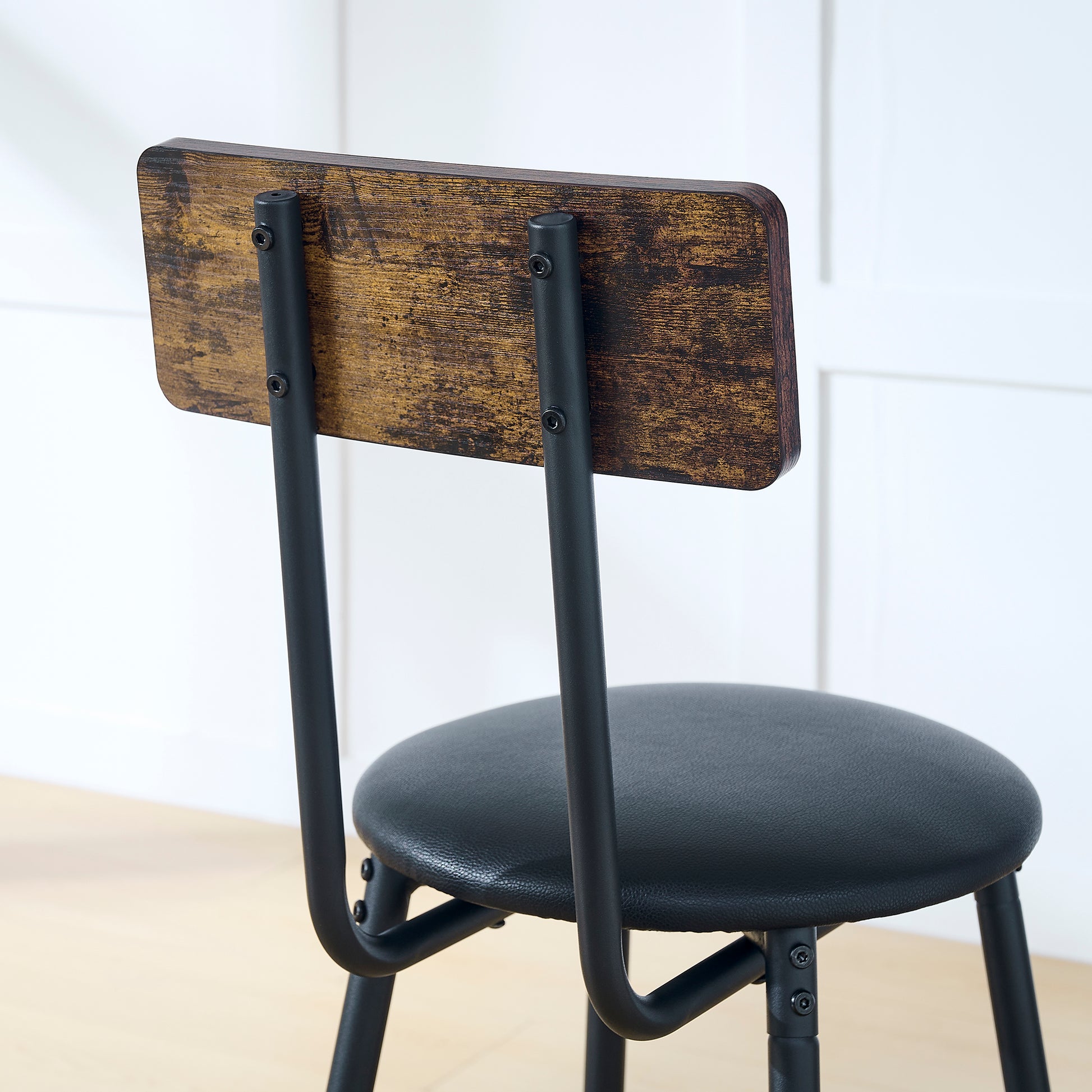 Round Bar Table And Stool Set With Shelf, Upholstered Stool With Backrest, Rustic Brown, 24.17"W X 24.17"D X 36.02"H Upholstered Chair Wood Antique Brown Seats 2 Metal Dining Room Antique 4 Leg Round Dining Table With Chair Metal & Wood