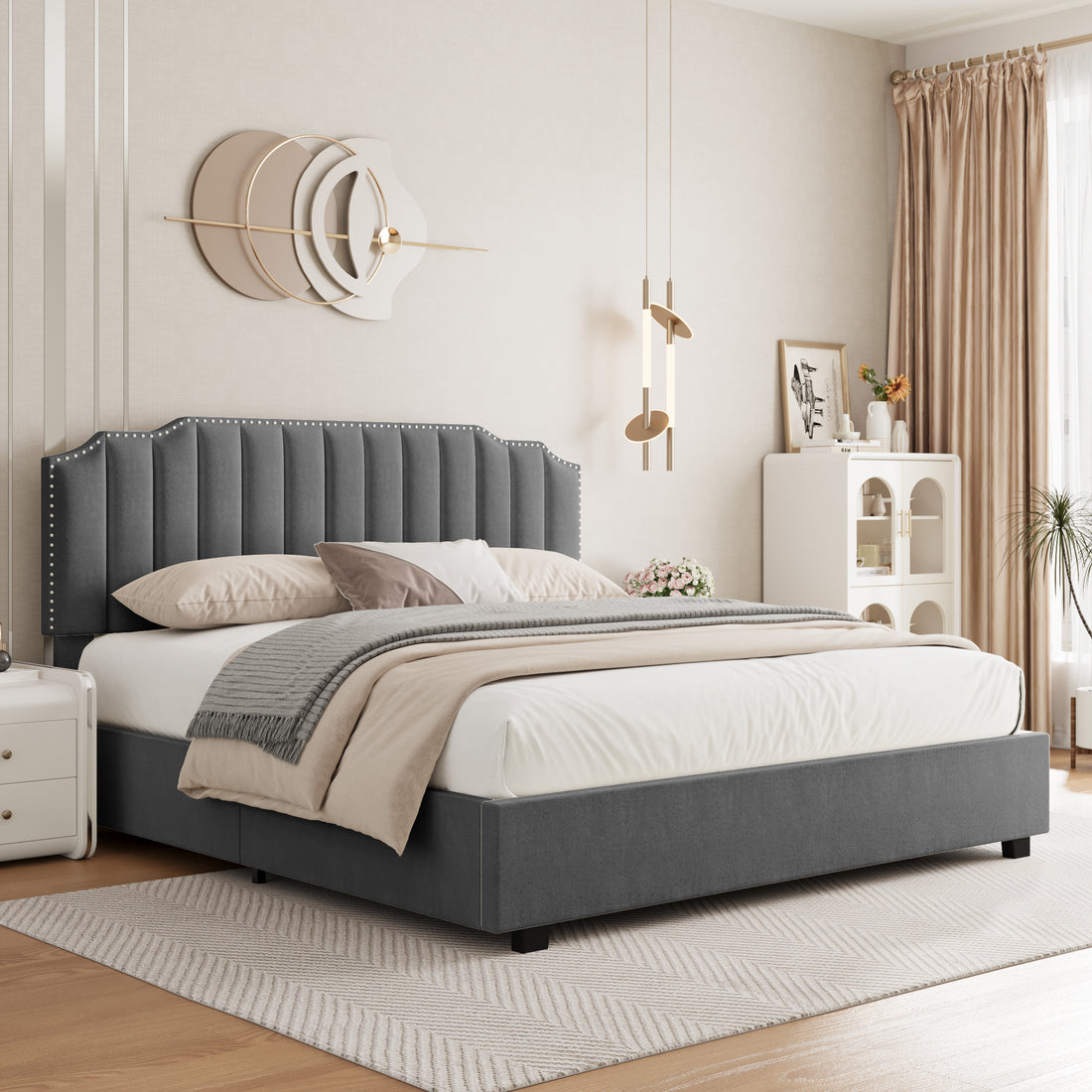 Lift Up Queen Size Bed Velvet Grey Box Spring Not Required Queen Gray Wood Light Brown Bedroom American Design Poplar Slat Beds Foam Velvet Upholstered