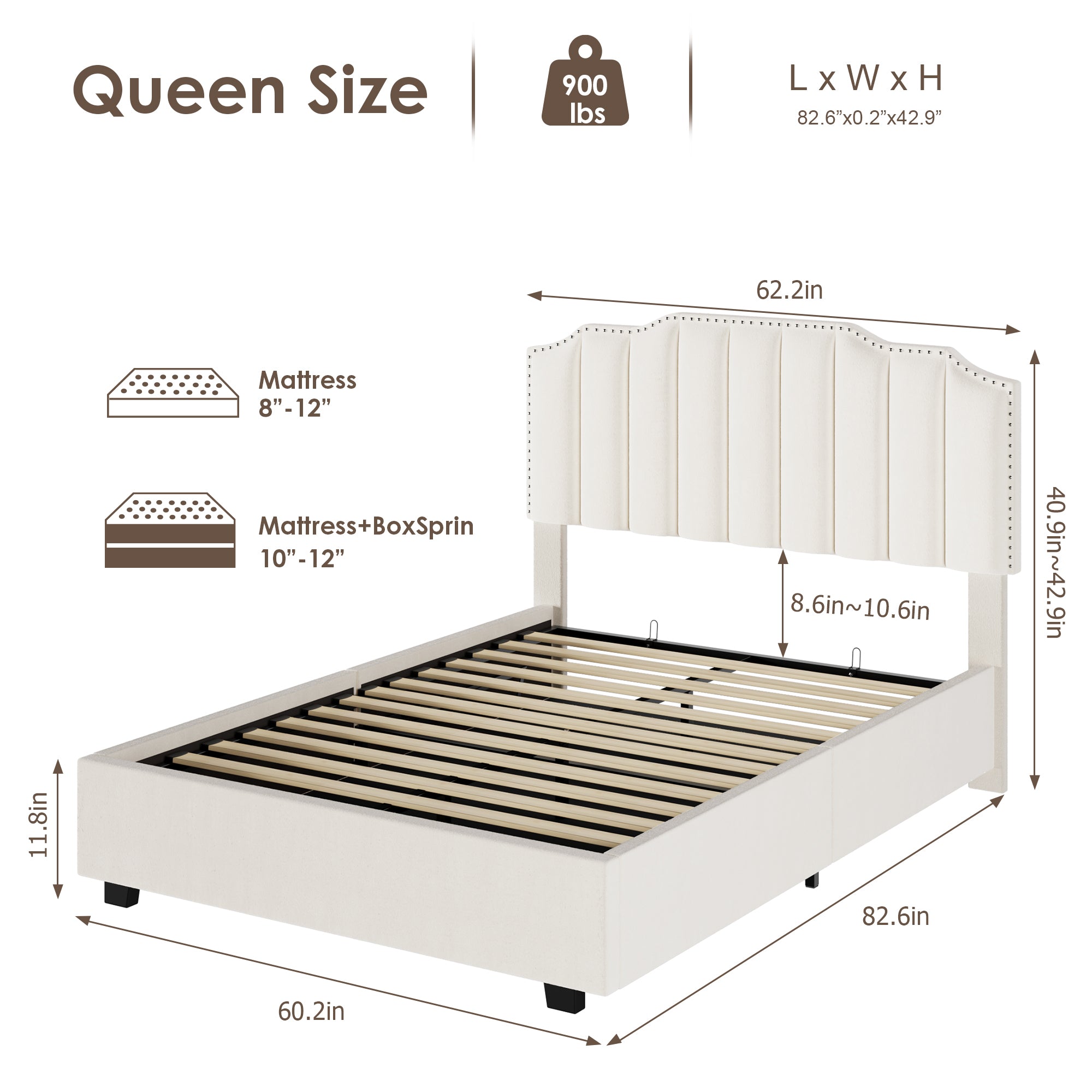 Lift Up Velvet Beige Queen Size Bed