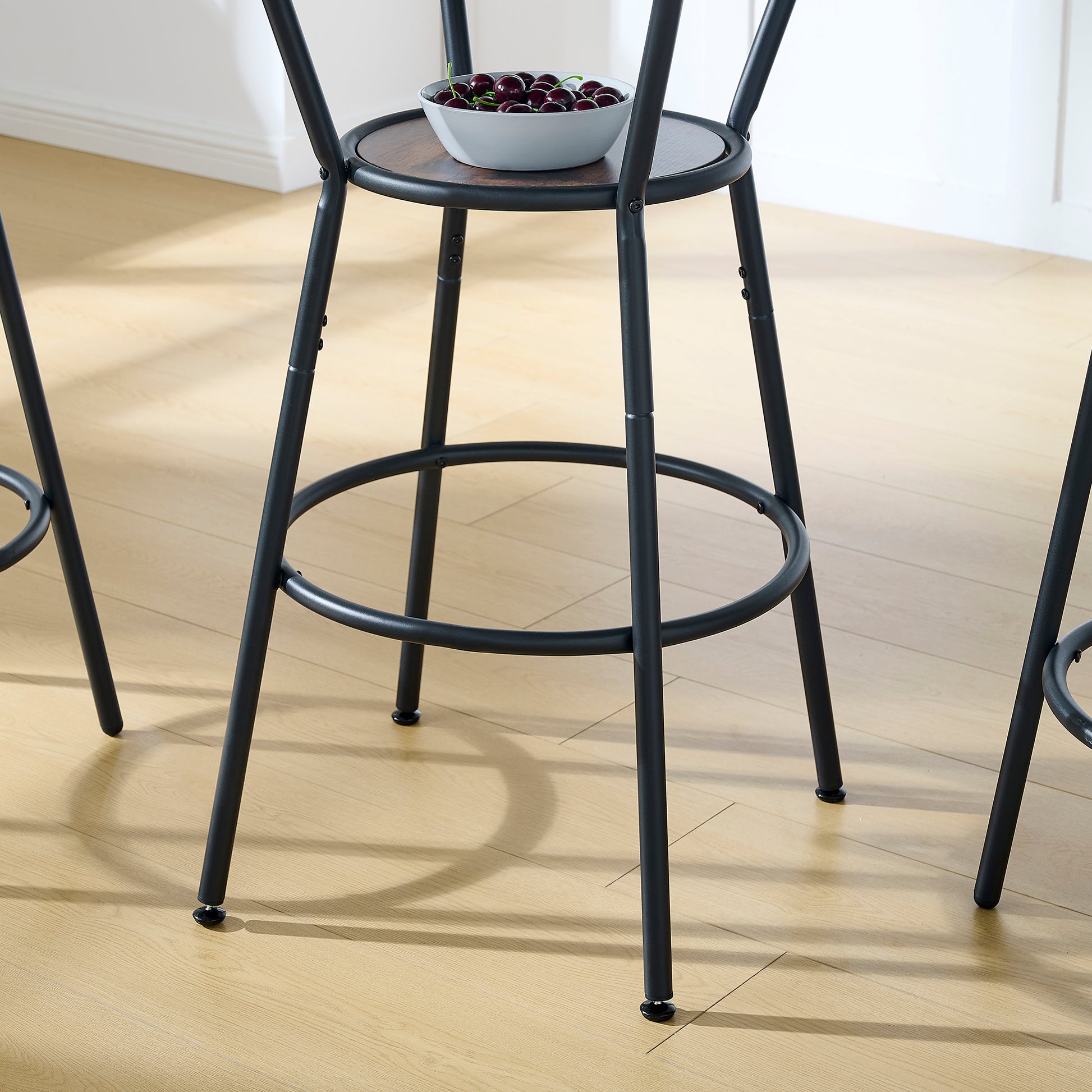 Round Bar Table And Stool Set With Shelf, Upholstered Stool With Backrest, Rustic Brown, 24.17"W X 24.17"D X 36.02"H Upholstered Chair Wood Antique Brown Seats 2 Metal Dining Room Antique 4 Leg Round Dining Table With Chair Metal & Wood