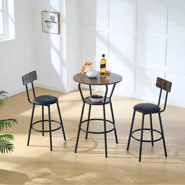 Round Bar Table And Stool Set With Shelf, Upholstered Stool With Backrest, Rustic Brown, 24.17"W X 24.17"D X 36.02"H Upholstered Chair Wood Antique Brown Seats 2 Metal Dining Room Antique 4 Leg Round Dining Table With Chair Metal & Wood