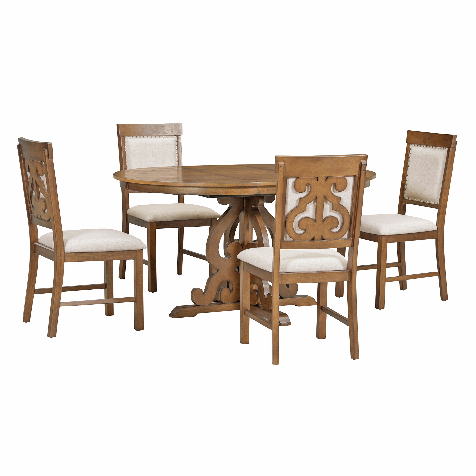 5 Piece Retro Functional Dining Set, 1 Extendable Table With A 16 Inch Leaf And 4 Upholstered Chairs For Dining Room And Kitchen Walnut Walnut Solid Wood