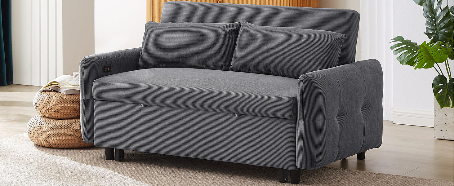 57.48" Pull Out Sofa Bed Convertible Couch 2 Seat Loveseat Sofa Modern Sleeper Sofa With Two Throw Pillows And Usb Ports For Living Room, Dark Grey Old Sku:Wf317760Aar Dark Grey Foam Corduroy 2 Seat