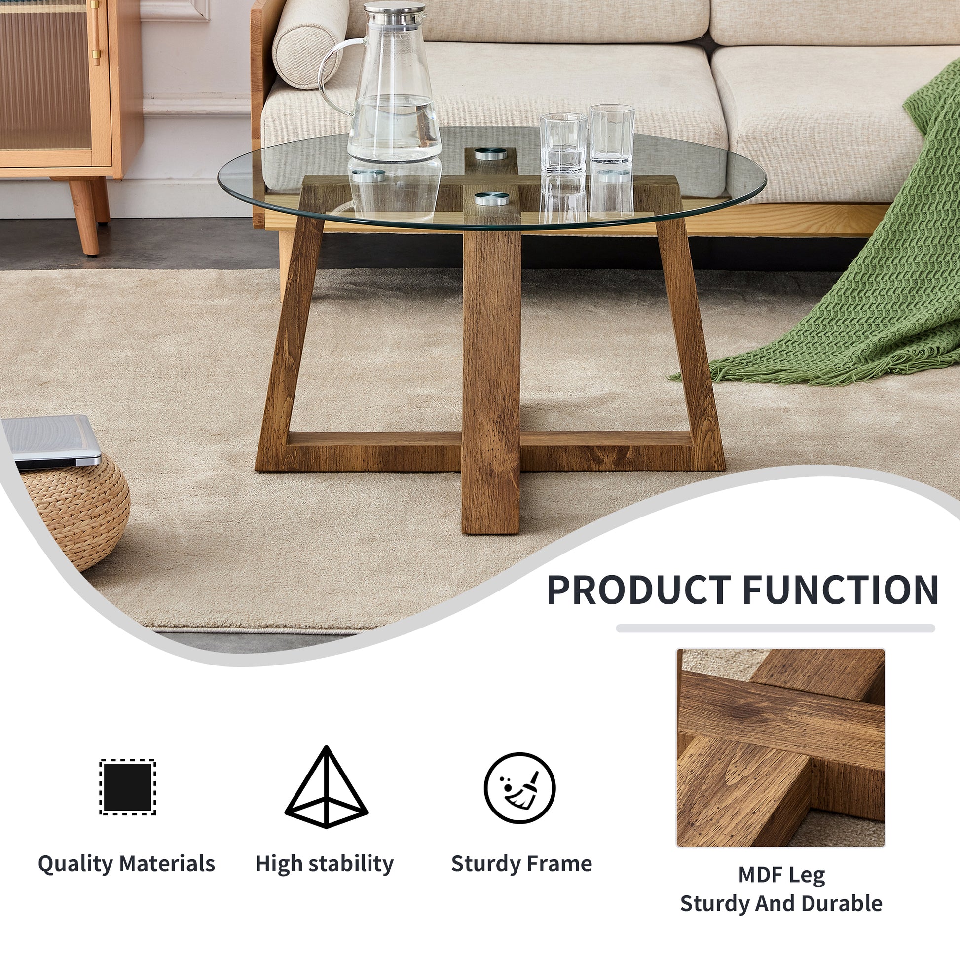 Modern Practical Circular Coffee And Tea Tables. Made Of Transparent Tempered Glass Tabletop And Wood Colored Mdf Material. Suitable For Living Rooms And Bedrooms.31.5"*31.5"*17.7" Natural Wood Mdf Glass