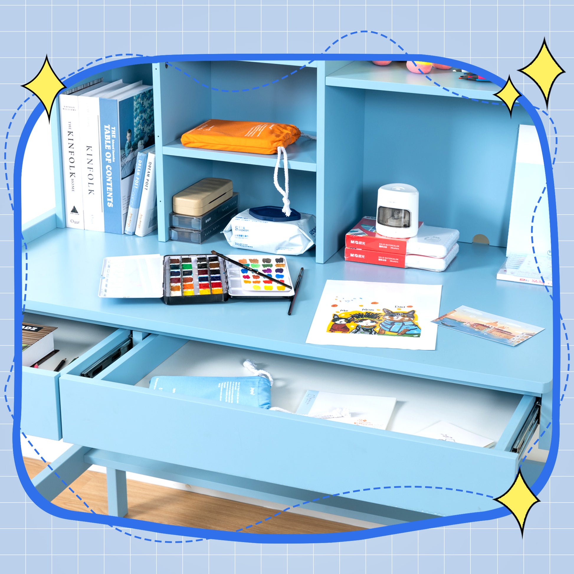 Modern Classic Desk, Children'S Desk, Solid Wood Desk, Bedroom Boy And Girl Family Desk And Chair Set, Compact, Multi Space Available, Multi Color Optional, Multi Storage Space, Color:Blue Antique Blue Light Brown Study Classic Pine Solid Wood Mdf