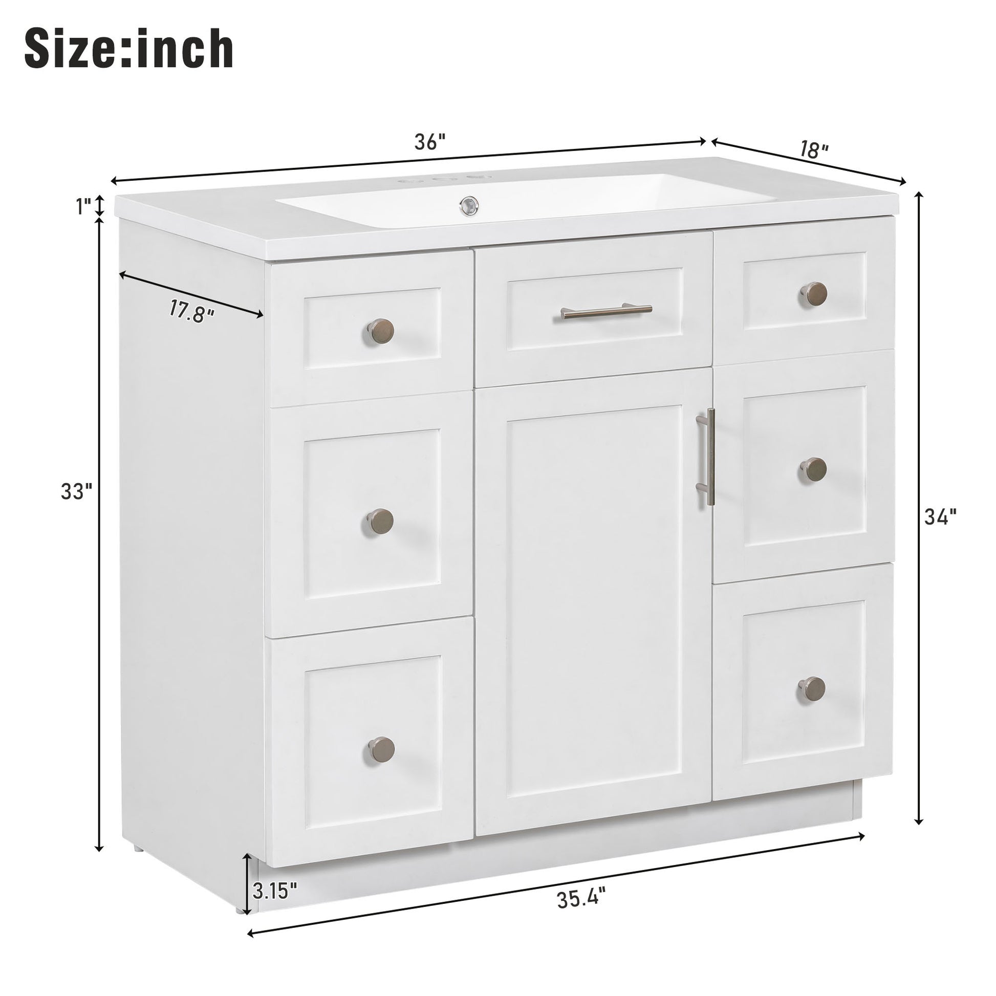 Modern White 36 Inch Freestanding Bathroom Vanity Cabinet With Resin Integrated Basin With 4 Drawers 1 Soft Close Door, Multi Functional Storage White Mdf