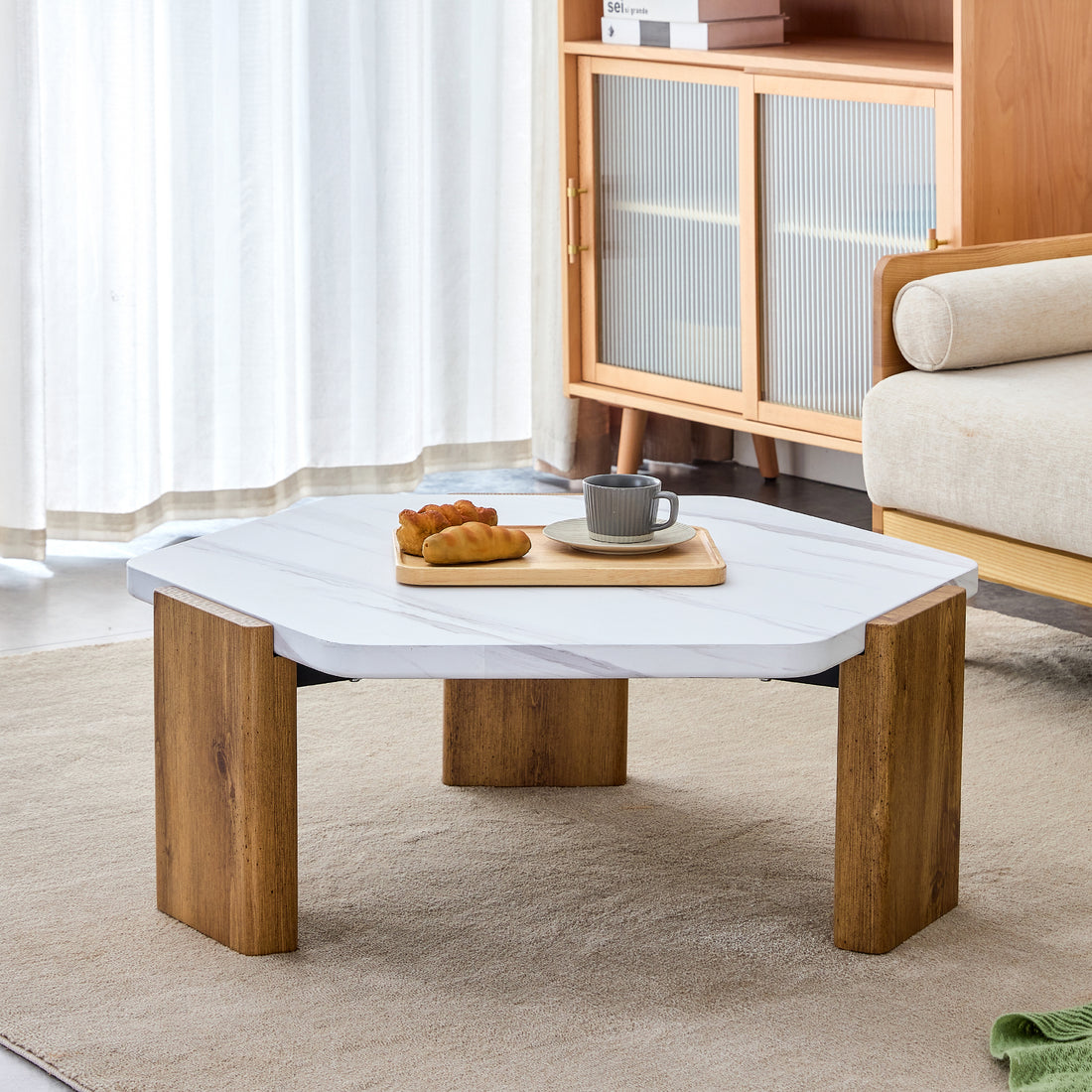 Modern Practical Mdf Coffee Table With White Tabletop And Wooden Toned Legs. Suitable For Living Rooms And Guest Rooms. White Mdf