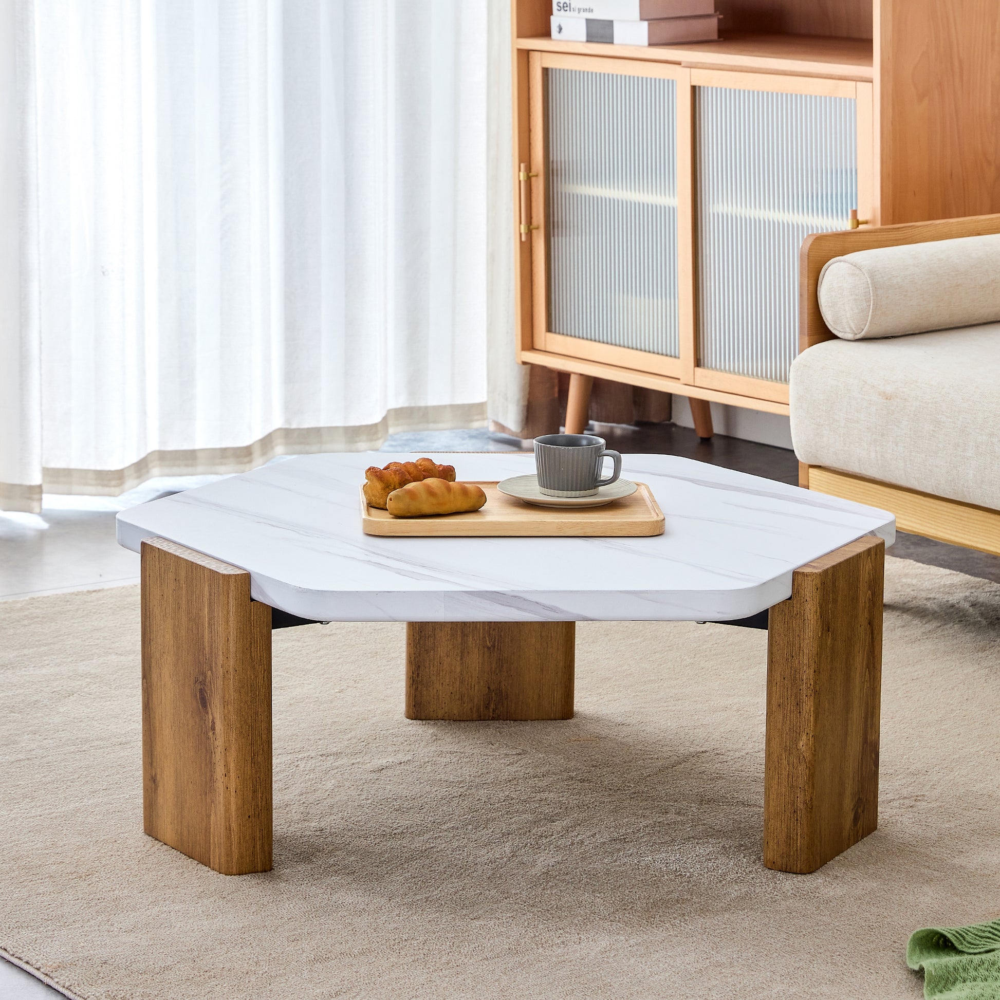 Modern Practical Mdf Coffee Table With White Tabletop And Wooden Toned Legs. Suitable For Living Rooms And Guest Rooms. White Mdf