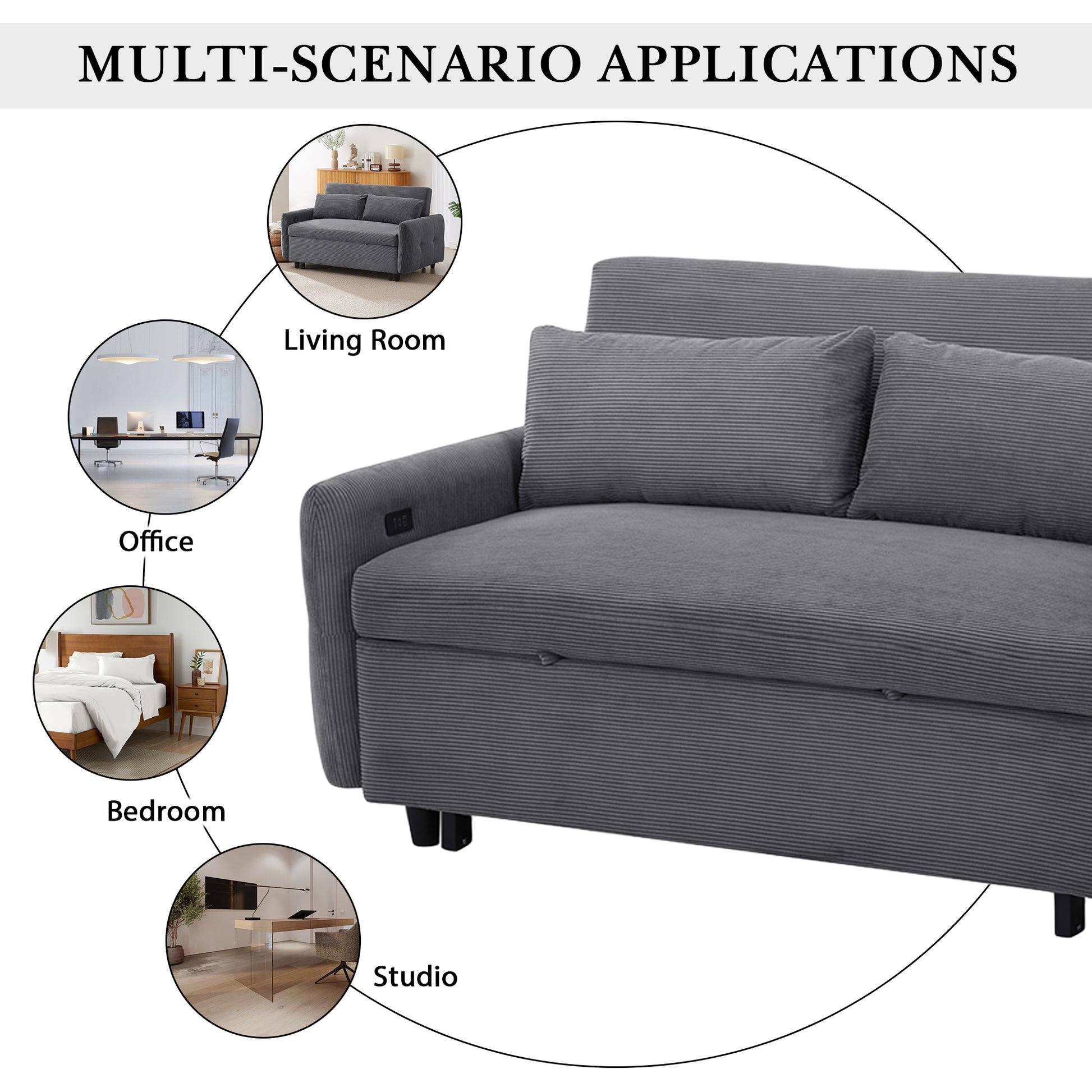57.48" Pull Out Sofa Bed Convertible Couch 2 Seat Loveseat Sofa Modern Sleeper Sofa With Two Throw Pillows And Usb Ports For Living Room, Dark Grey Dark Grey Foam Corduroy