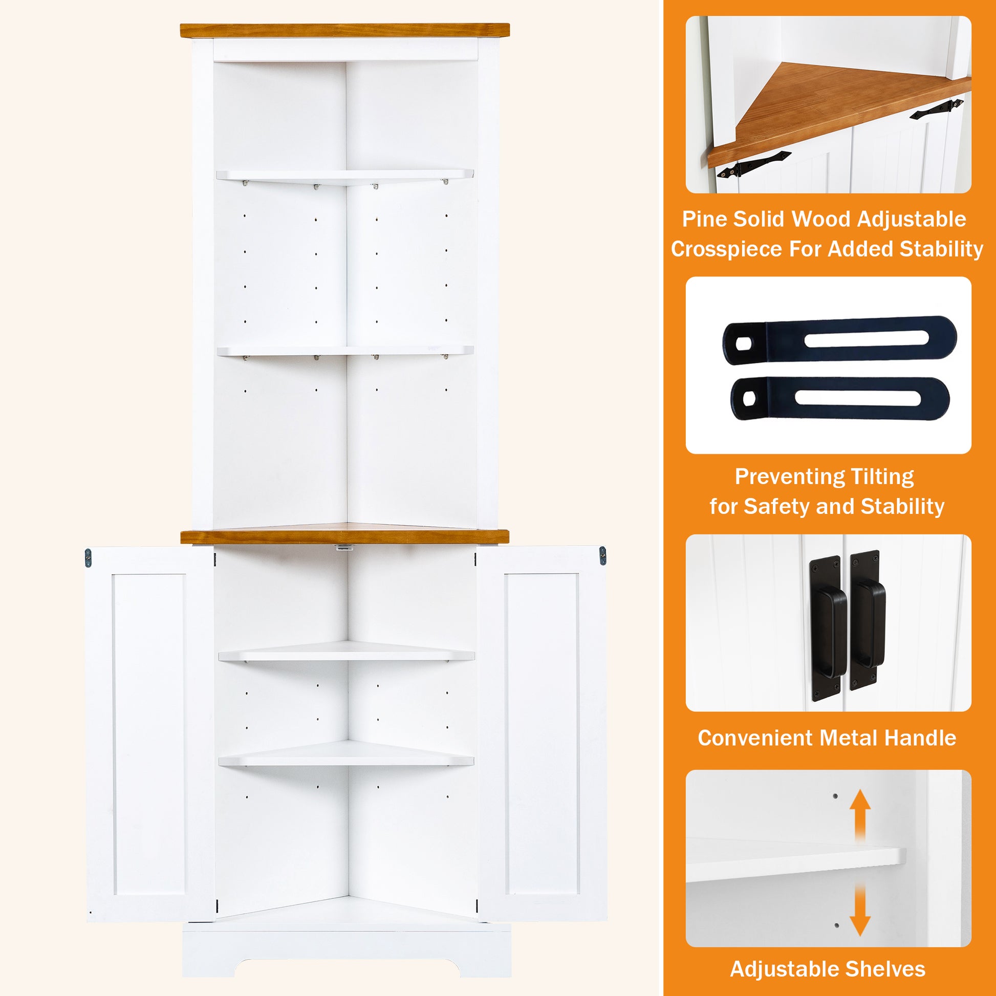 Corner Cabinet Dresser Cabinet Barcabinet Corner Bathroom Cabinet With 2 Doors And 3 Tier Shelves Free Standing Corner Storage Cabinet For Bathroom, Living Room, Bedroom Or Kitchen ,Color:White Brown 5 Or More Spaces Antique White Primary Living Space