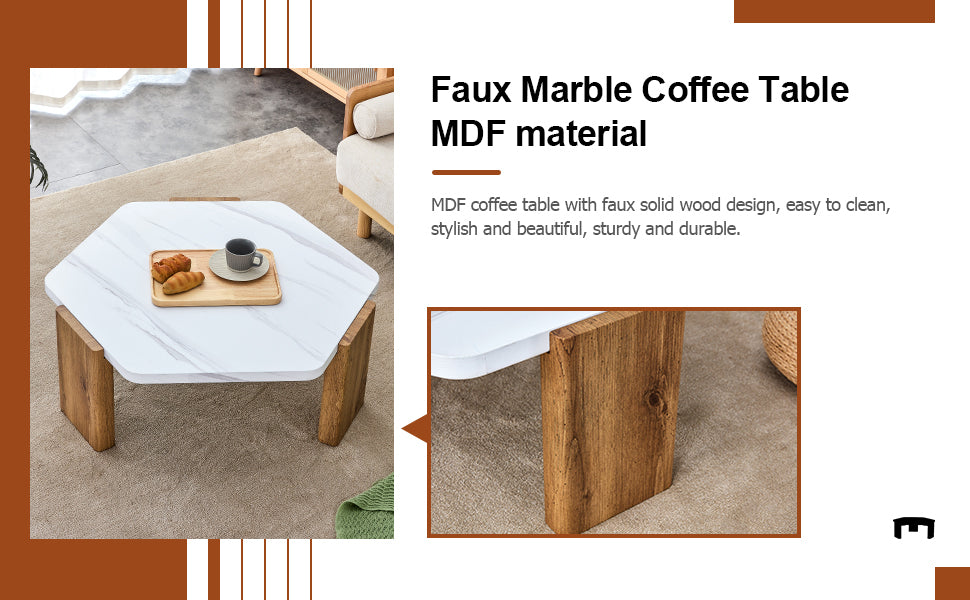 Modern Practical Mdf Coffee Table With White Tabletop And Wooden Toned Legs. Suitable For Living Rooms And Guest Rooms. White Mdf