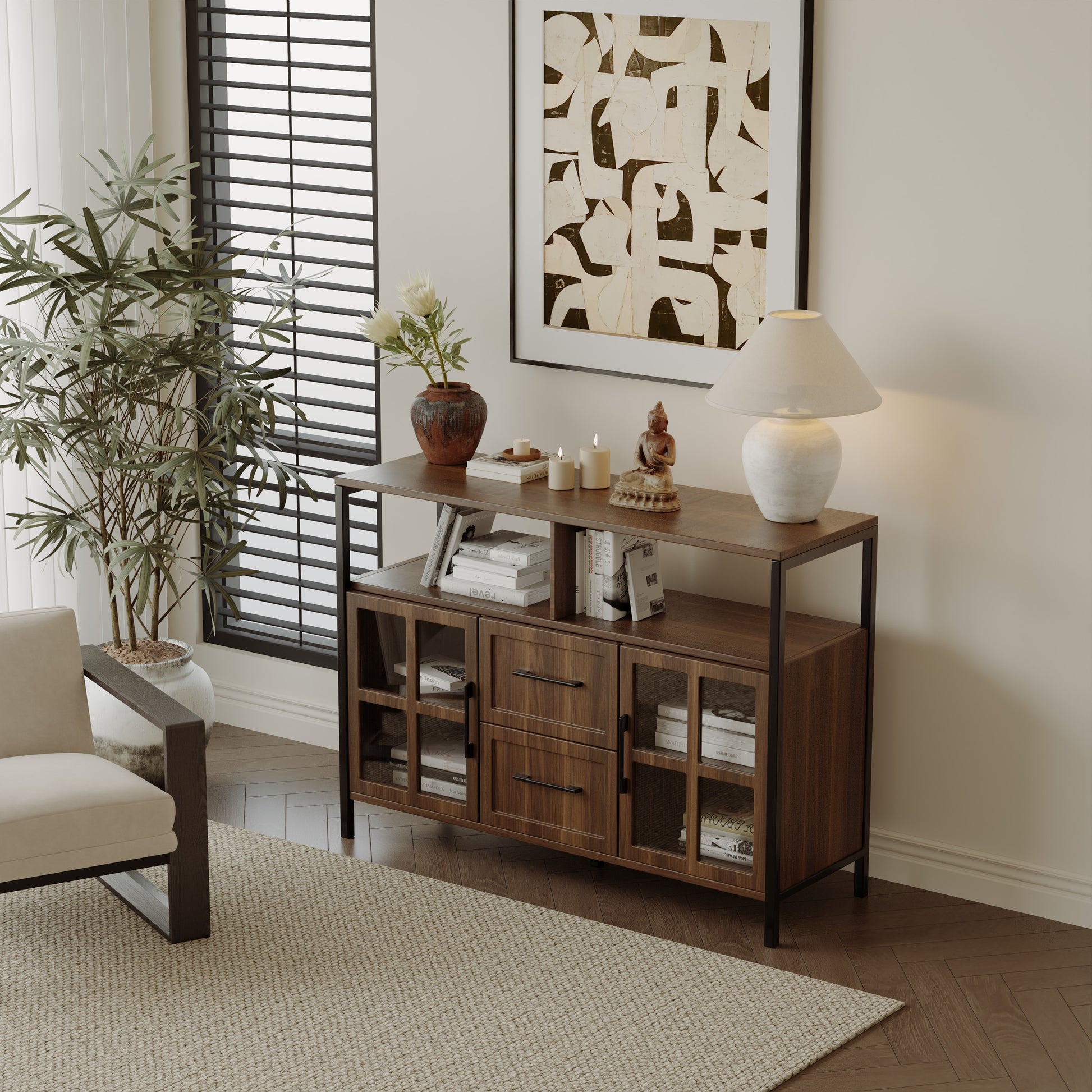 Living Room Shelves, With Two Storage Rooms, Storage Box, Modern Kitchen Utensils Cabinet, Self Service Wooden Storage Cabinet, Corridor Dining Room Transparent Glass Cabinet Brown Particle Board