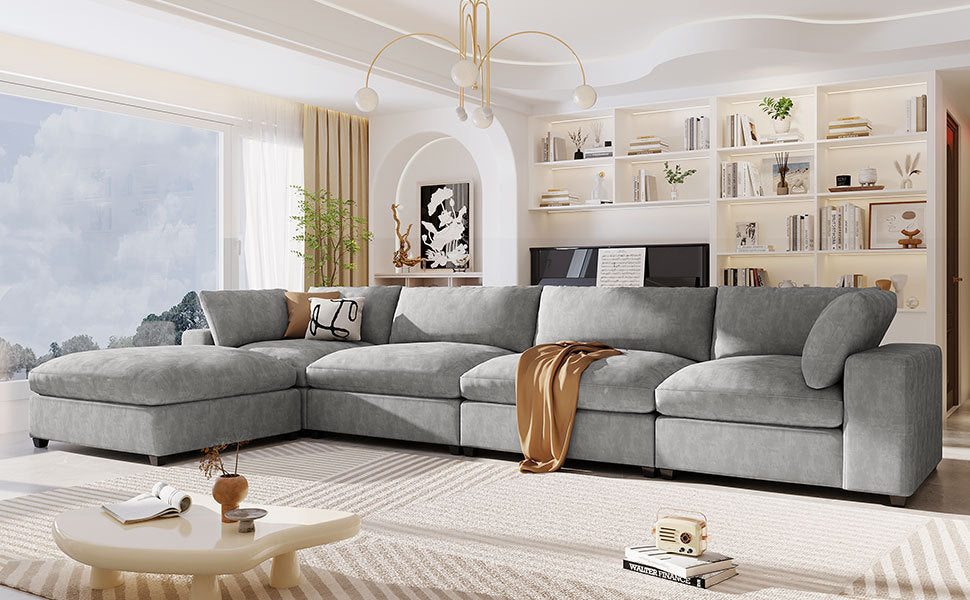 U style Upholstered Oversize Modular Sofa with grey-polyester-5 seat