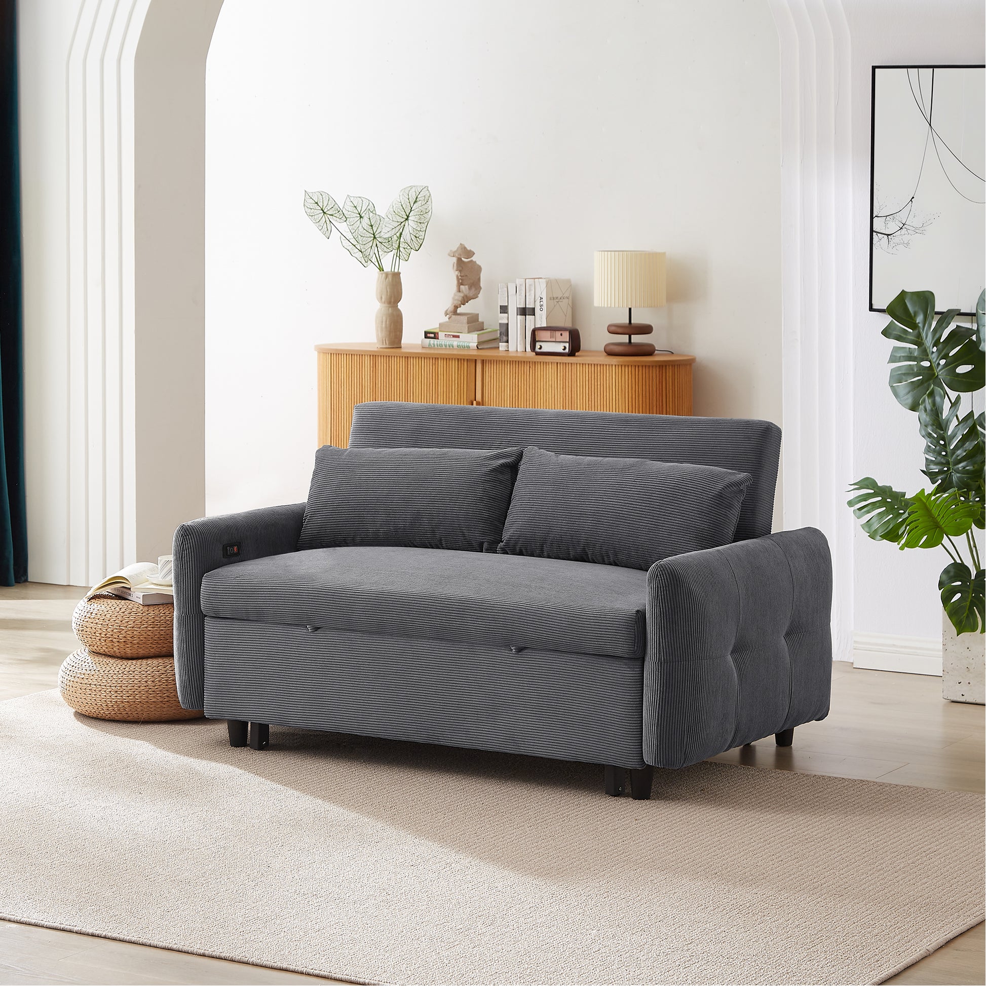 57.48" Pull Out Sofa Bed Convertible Couch 2 Seat Loveseat Sofa Modern Sleeper Sofa With Two Throw Pillows And Usb Ports For Living Room, Dark Grey Dark Grey Foam Corduroy