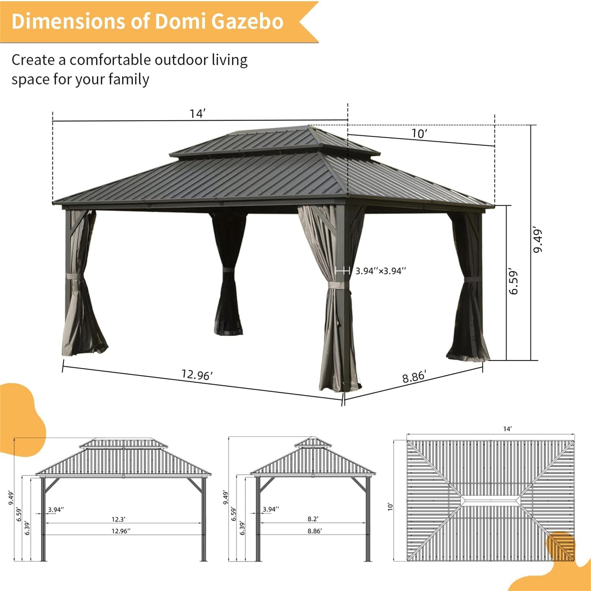 10' X 14' Hardtop Gazebo, Aluminum Metal Gazebo With Galvanized Steel Double Roof Canopy, Curtain And Netting, Permanent Gazebo Pavilion For Patio, Backyard, Deck, Lawn Gray Aluminum