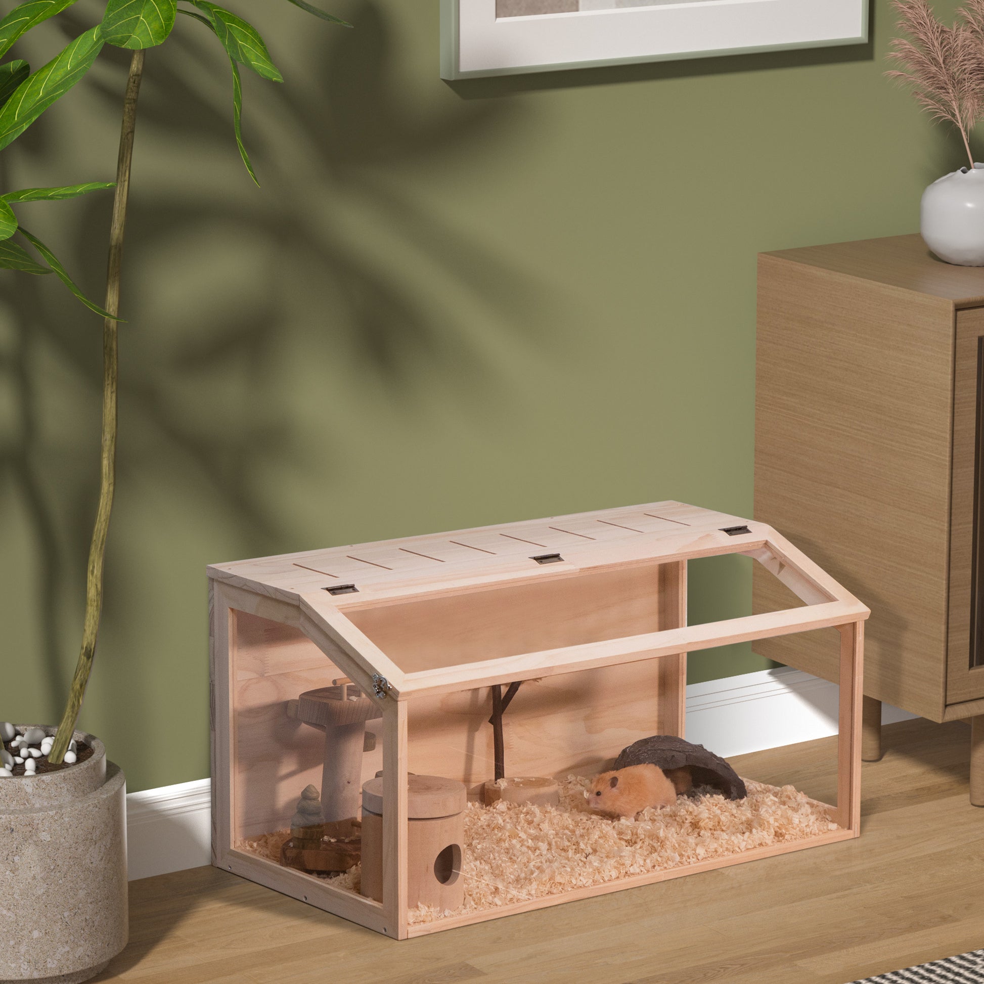 Wooden Hamster Cage Small Animals House, Acrylic Hutch For Dwarf Hamster, Guinea Pig, Chinchilla, Openable Top With Air Vents Natural Wood