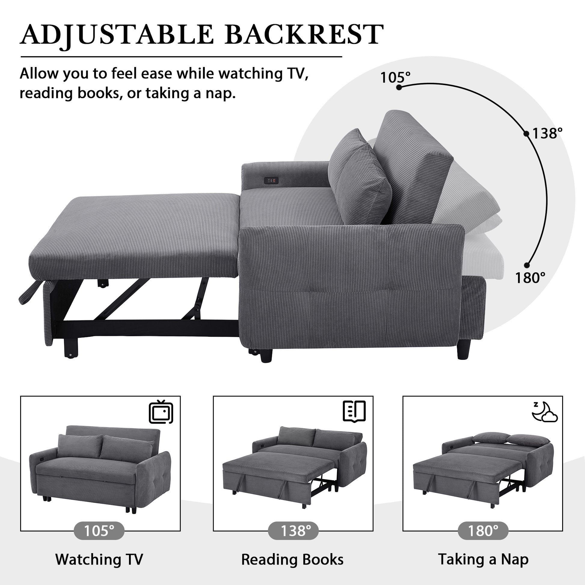 57.48" Pull Out Sofa Bed Convertible Couch 2 Seat Loveseat Sofa Modern Sleeper Sofa With Two Throw Pillows And Usb Ports For Living Room, Dark Grey Old Sku:Wf317760Aar Dark Grey Foam Corduroy 2 Seat