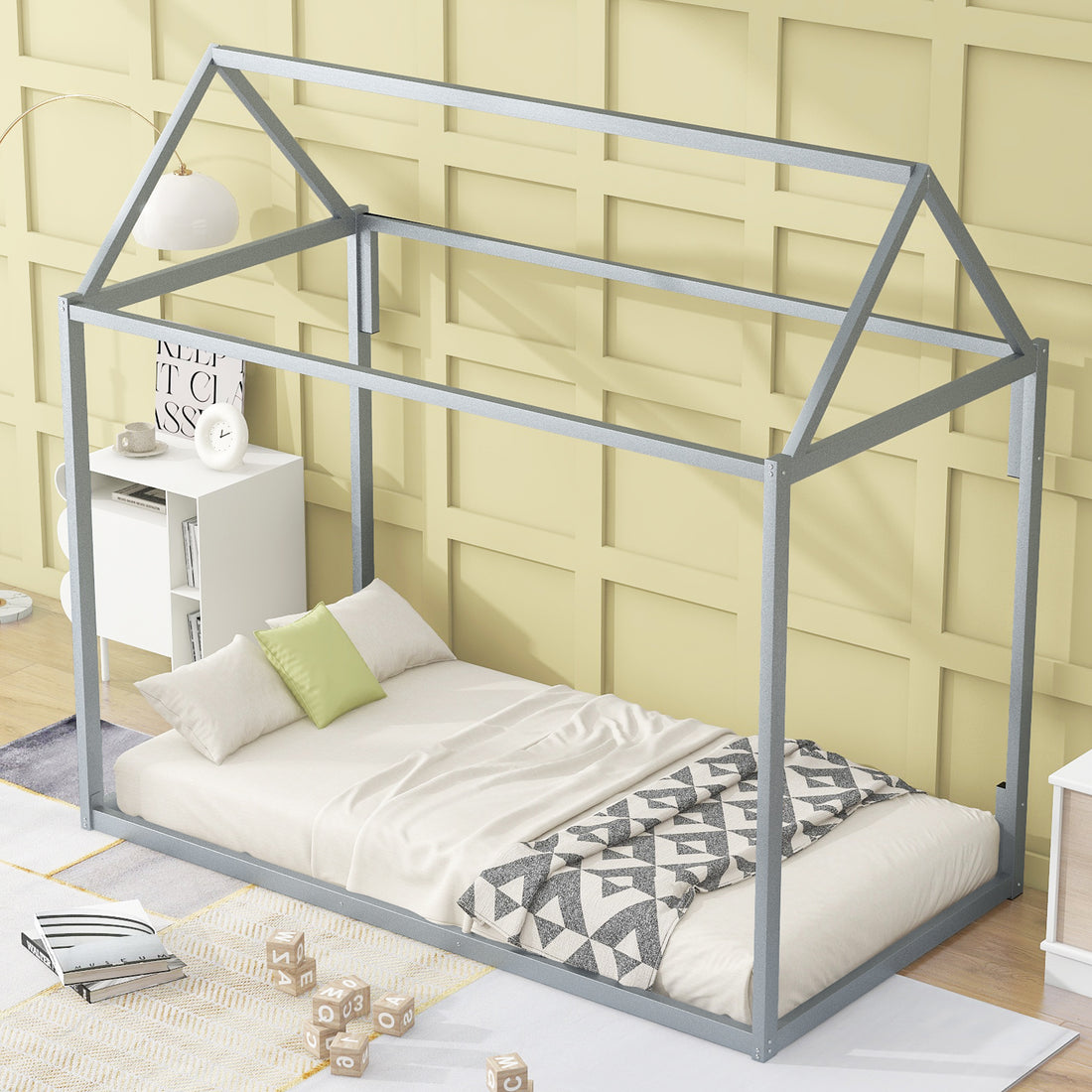 Metal House Shape Platform Bed, Twin Silver Metal