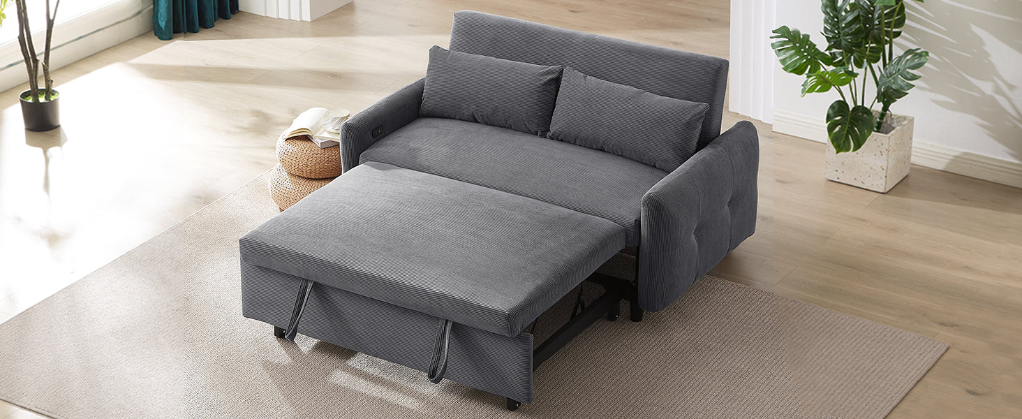 57.48" Pull Out Sofa Bed Convertible Couch 2 Seat Loveseat Sofa Modern Sleeper Sofa With Two Throw Pillows And Usb Ports For Living Room, Dark Grey Old Sku:Wf317760Aar Dark Grey Foam Corduroy 2 Seat