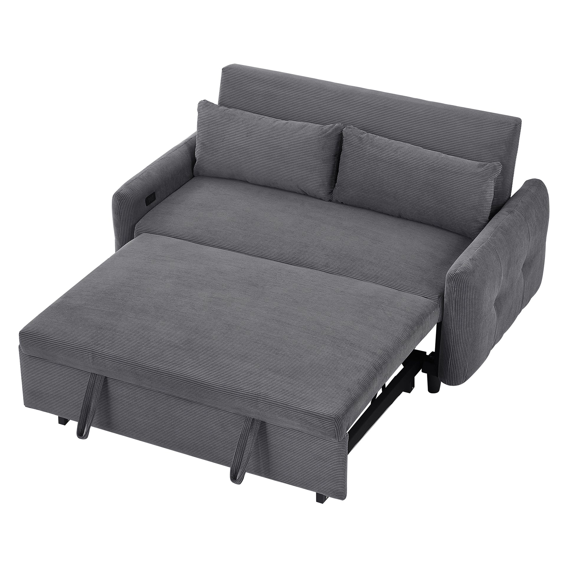 57.48" Pull Out Sofa Bed Convertible Couch 2 Seat Loveseat Sofa Modern Sleeper Sofa With Two Throw Pillows And Usb Ports For Living Room, Dark Grey Dark Grey Foam Corduroy