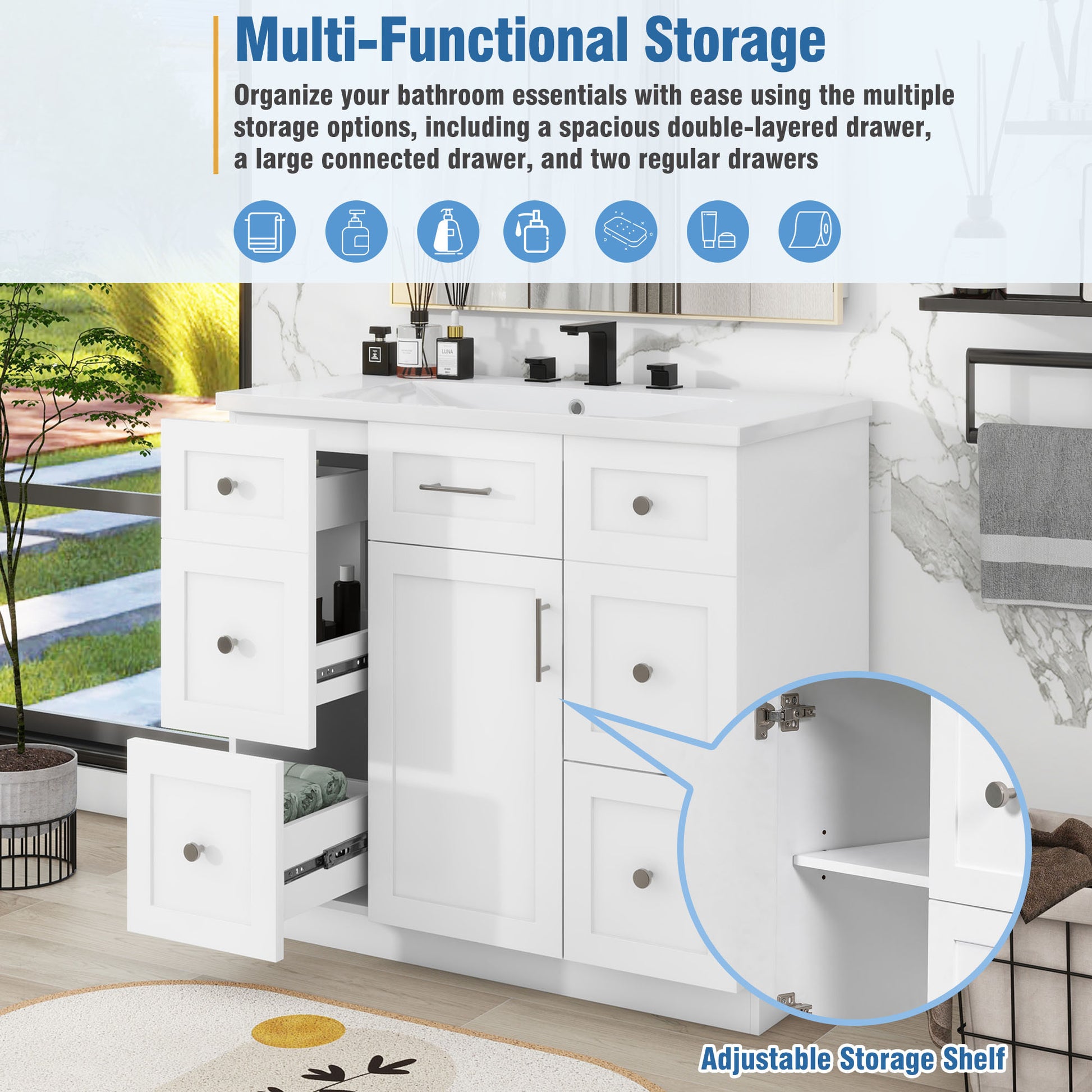 Modern White 36 Inch Freestanding Bathroom Vanity Cabinet With Resin Integrated Basin With 4 Drawers 1 Soft Close Door, Multi Functional Storage White Mdf