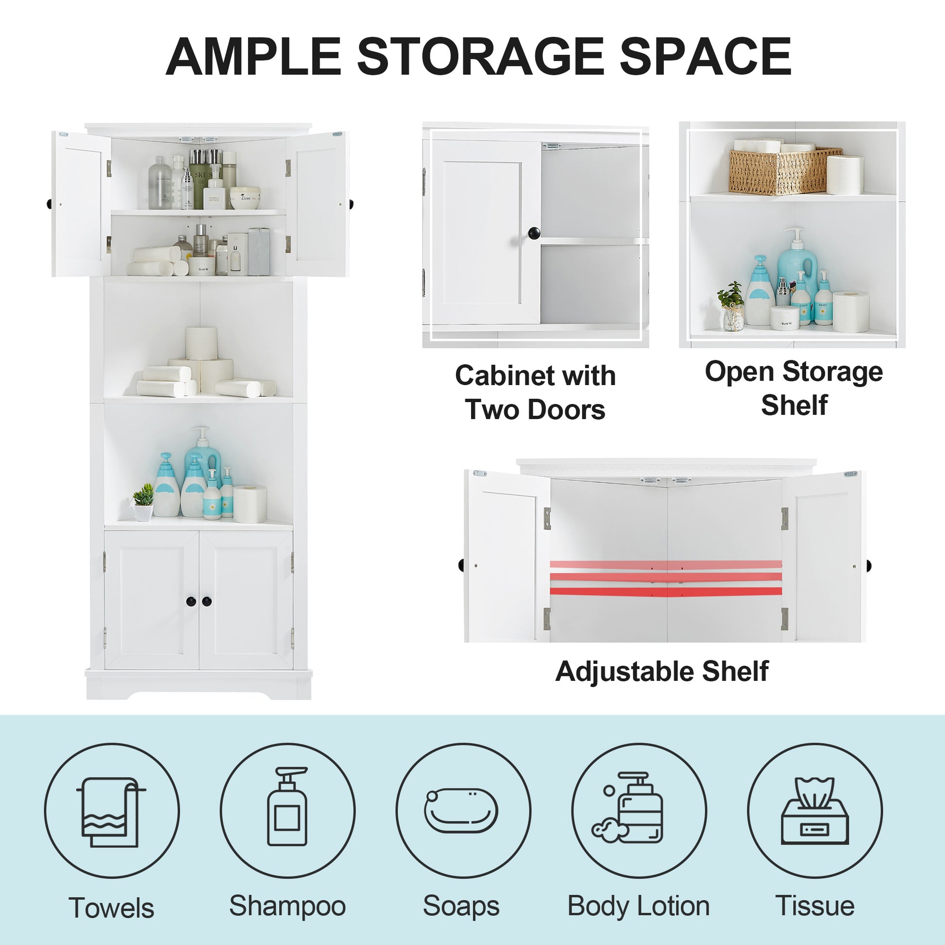 Tall Bathroom Storage Cabinet, Corner Cabinet with white-mdf