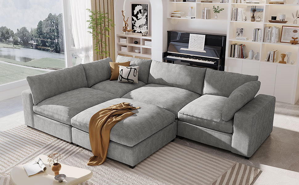 Upholstered Oversize Modular Sofa With Removable Ottoman,Sectional Sofa For Living Room Apartment 5 Seater Grey Polyester 5 Seat