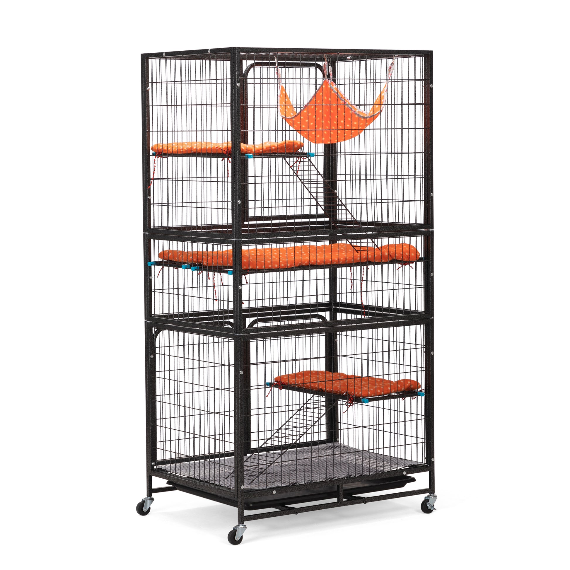 4 Story Pet Cage, Bunny Hutch With Ladder, Lockable Wheels And Removable Tray, Black And Orange Black Metal